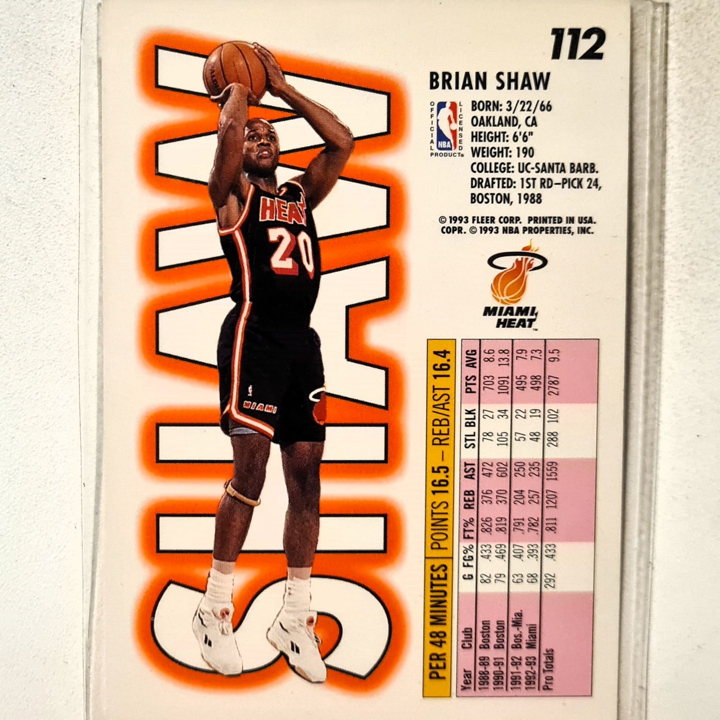 Brian Shaw 1993 Fleer 93-94 #112 NBA Basketball Miami Heat Excellent sleeved