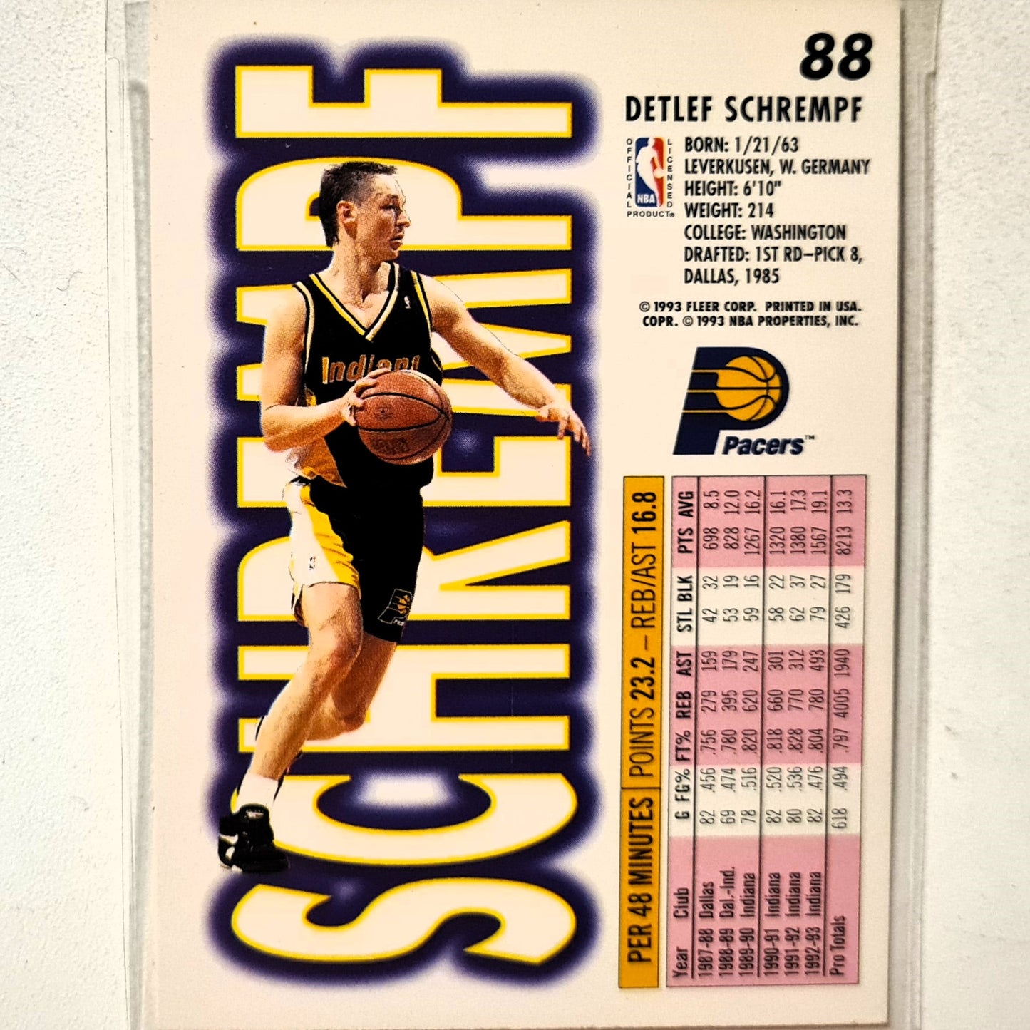 Detlef Schrempf 1993 Fleer 93-94 #88 NBA Basketball Indiana Pacers Excellent sleeved