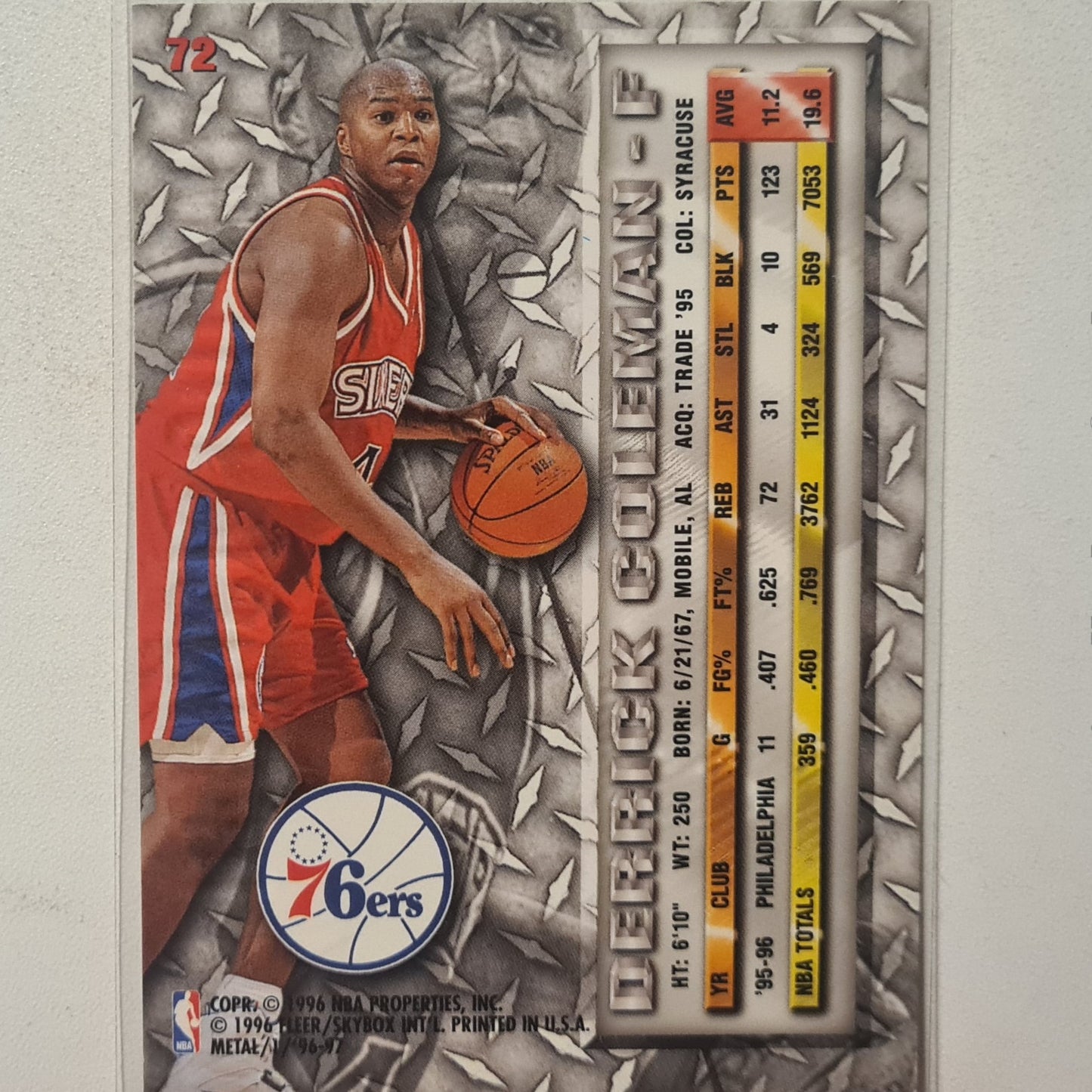 Derrick Coleman 1996 Fleer 96-97 Metal #72 NBA Basketball Philadelphia 76ers excellent Sleeved