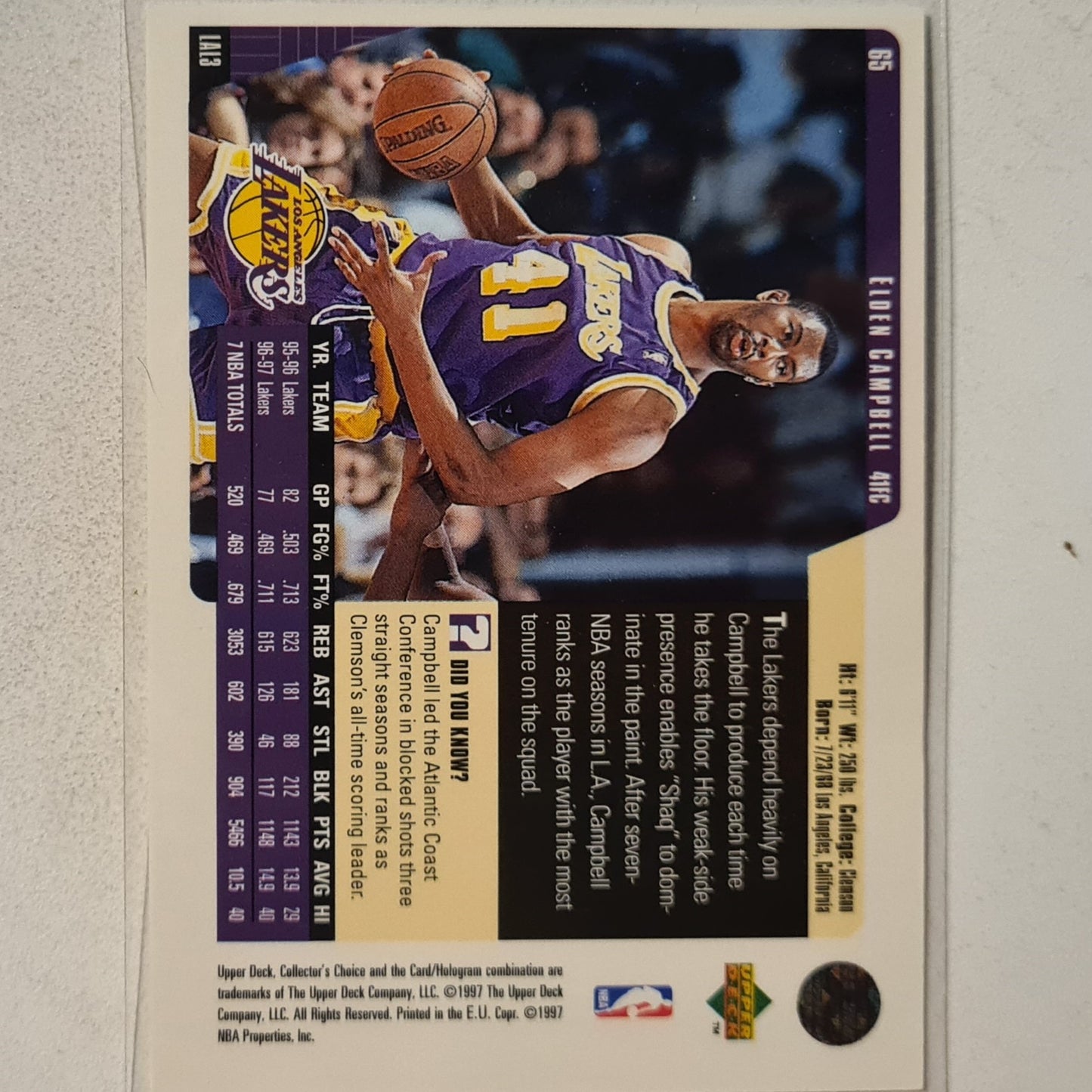 Elden Campbell 1997 Upper-Deck #65 NBA Basketball LA Lakers Excellent Sleeved