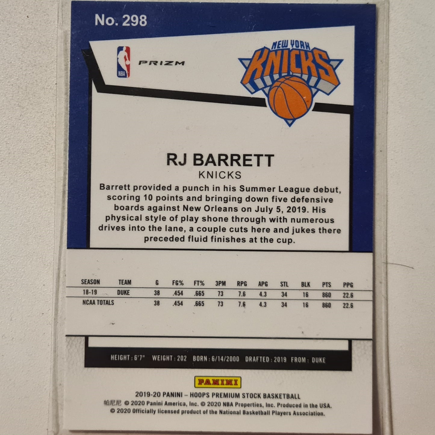 RJ Barrett 2019-20 NBA Hoops premium stock tribute PRIZM refractor Rookie RC #298 NBA Basketball New York Knicks Excellent Sleeved