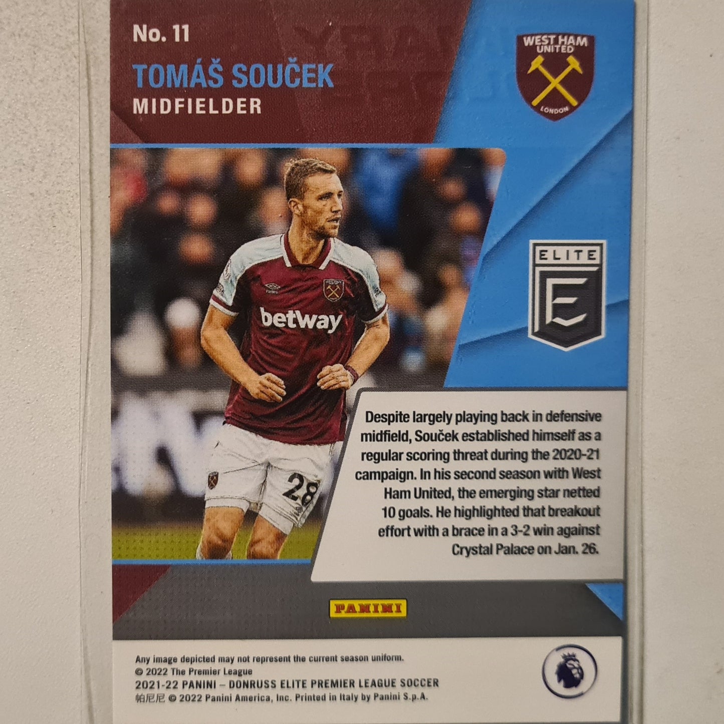 Tomas Soucek 2021-22 Panini Donruss Elite premier league primary colors #11 football West Ham Excellent Sleeved