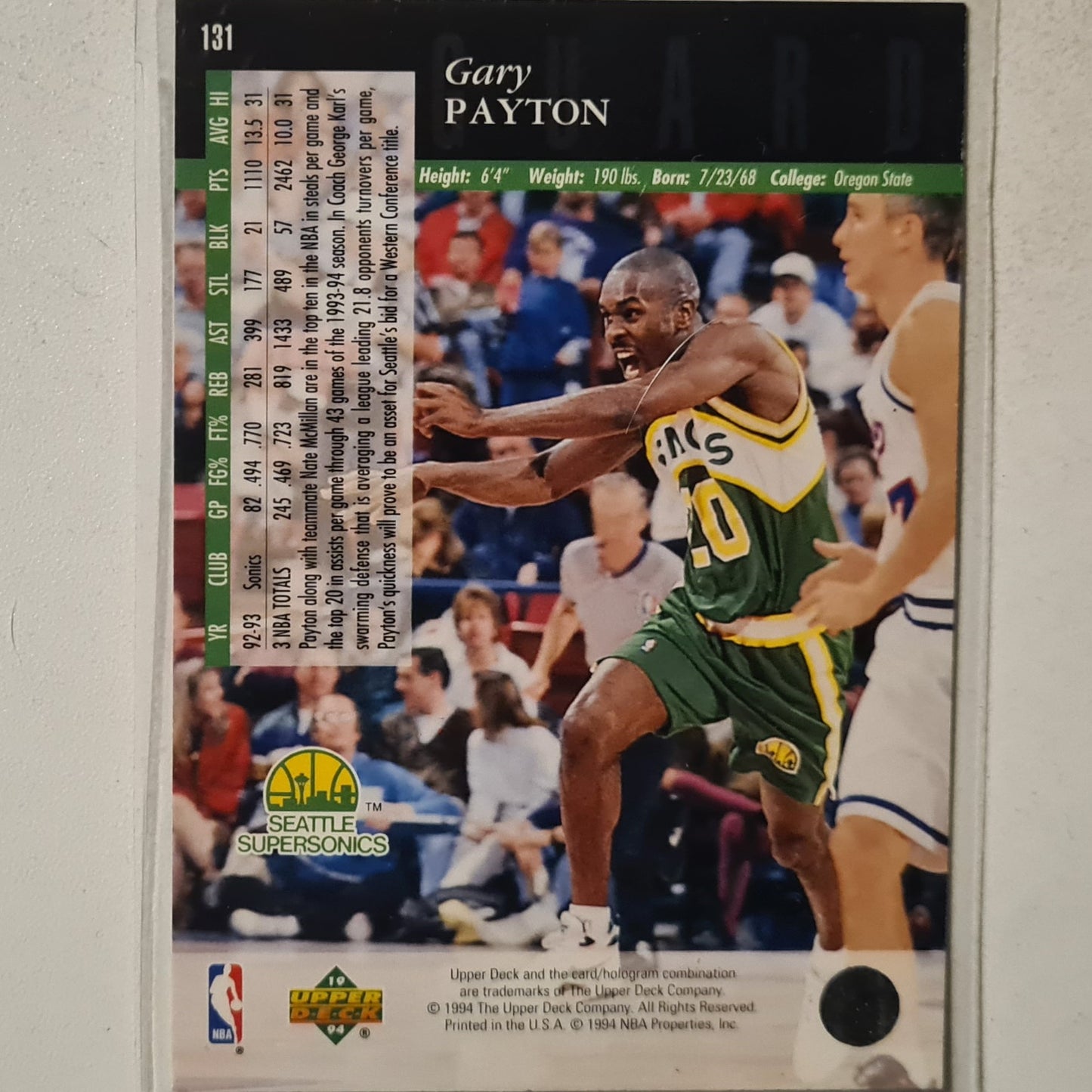 Gary Payton 1995 upper-Deck #131 NBA Basketball Seattle Super Sonics excellent Sleeved