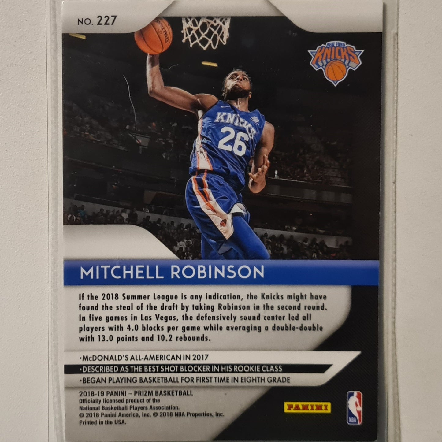 Mitchell Robinson 2018-19 Panini Prizm Rookie RC #227 NBA Basketball New York Knicks Excellent Sleeved