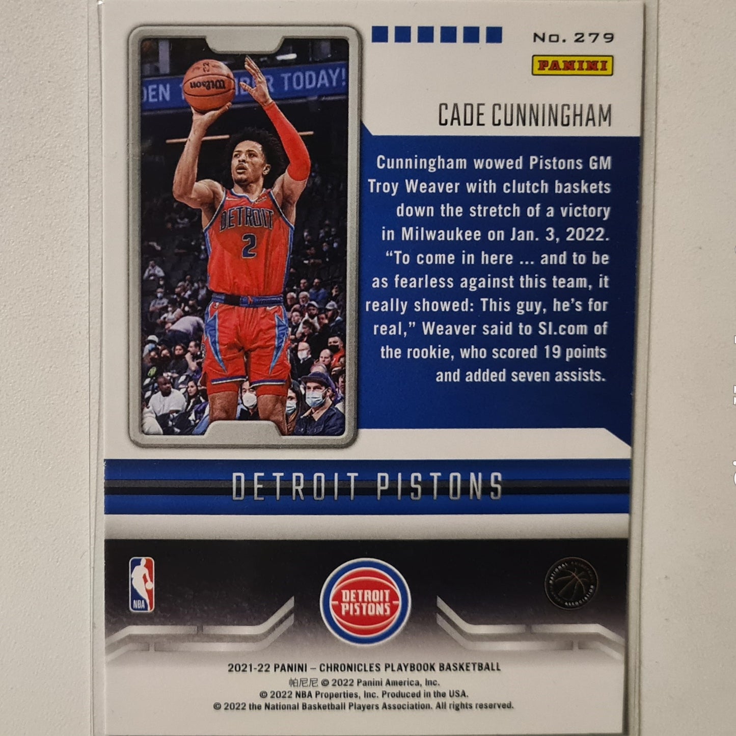 Cade Cunningham 2021-22 Panini playbook 75th anniversary Rookie RC #279 NBA Basketball Detroit Pistons very good Sleeved