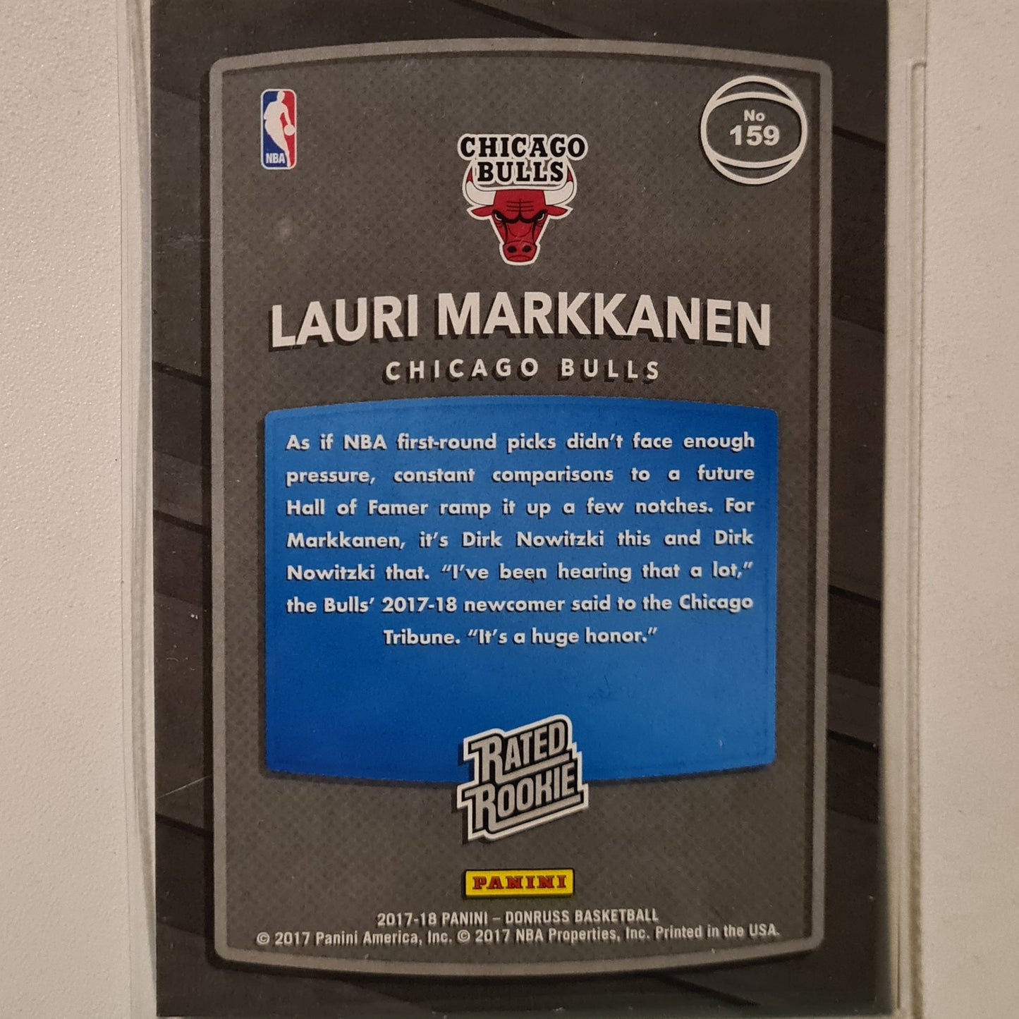 Lauri Markkanen 2017-18 Panini Donrus Rated Rookie RC #159 NBA Basketball Chicago Bulls very good Sleeved