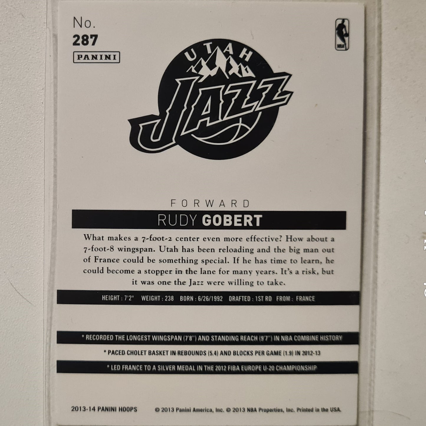 Rudy Gobert 2013-14 Panini NBA Hoops Rookie RC #287 NBA Basketball Utah Jazz very good