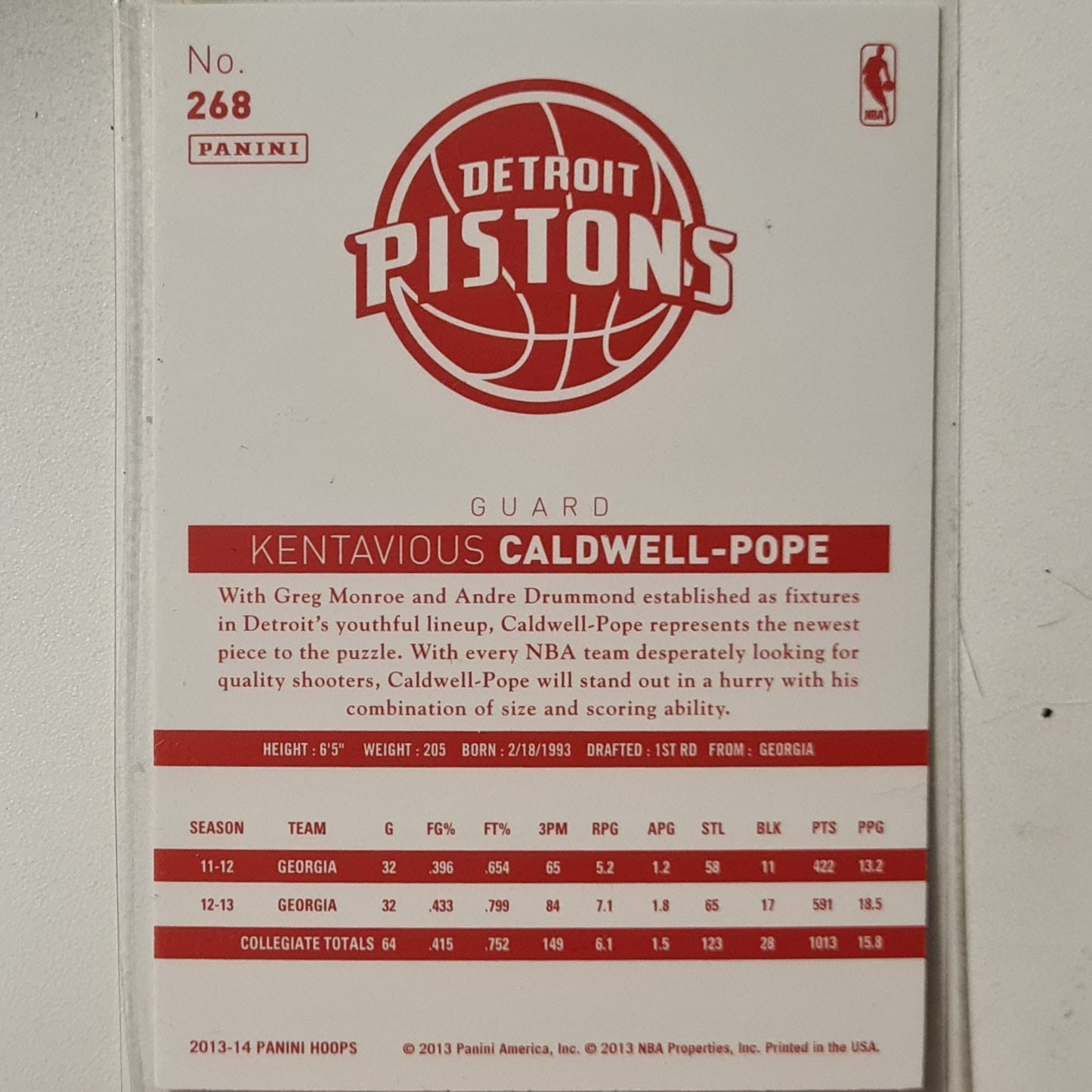 Kentavious Caldwell-Pope 2013-14 Panini NBA Hoops red back rare RC rookie #268 NBA Basketball Detroit Pistons Excellent