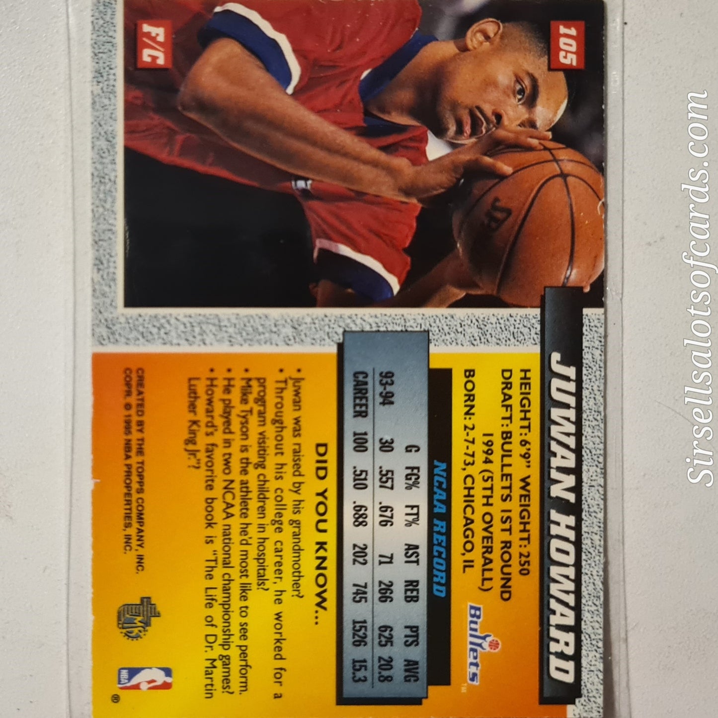 Juwan Howard 1995 Topps 1994 draft picks embossed Silver Rookie RC #105 NBA Basketball Washington Bullets Excellent sleeved