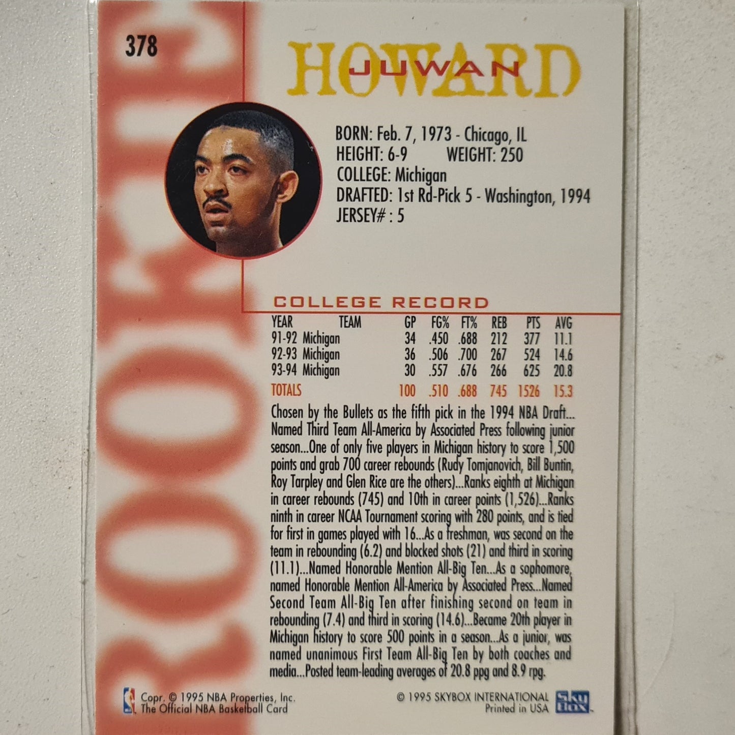 Juwan Howard 1995 Skybox NBA Hoops Rookie RC #378 NBA Basketball Washington Bullets Excellent sleeved