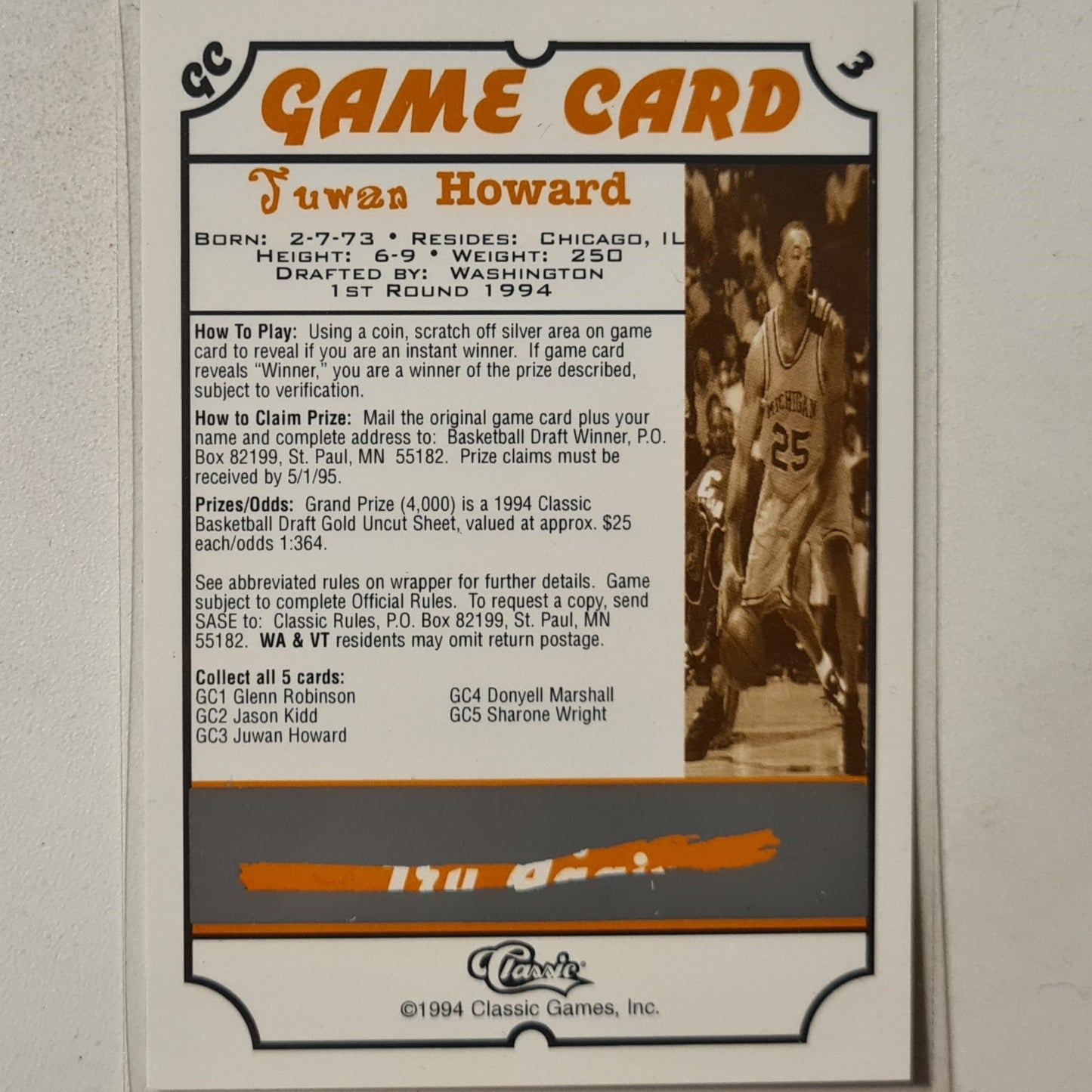 Juwan Howard 1994 Classic Game Card GC3 NBA Basketball Washington Bullets Excellent sleeved