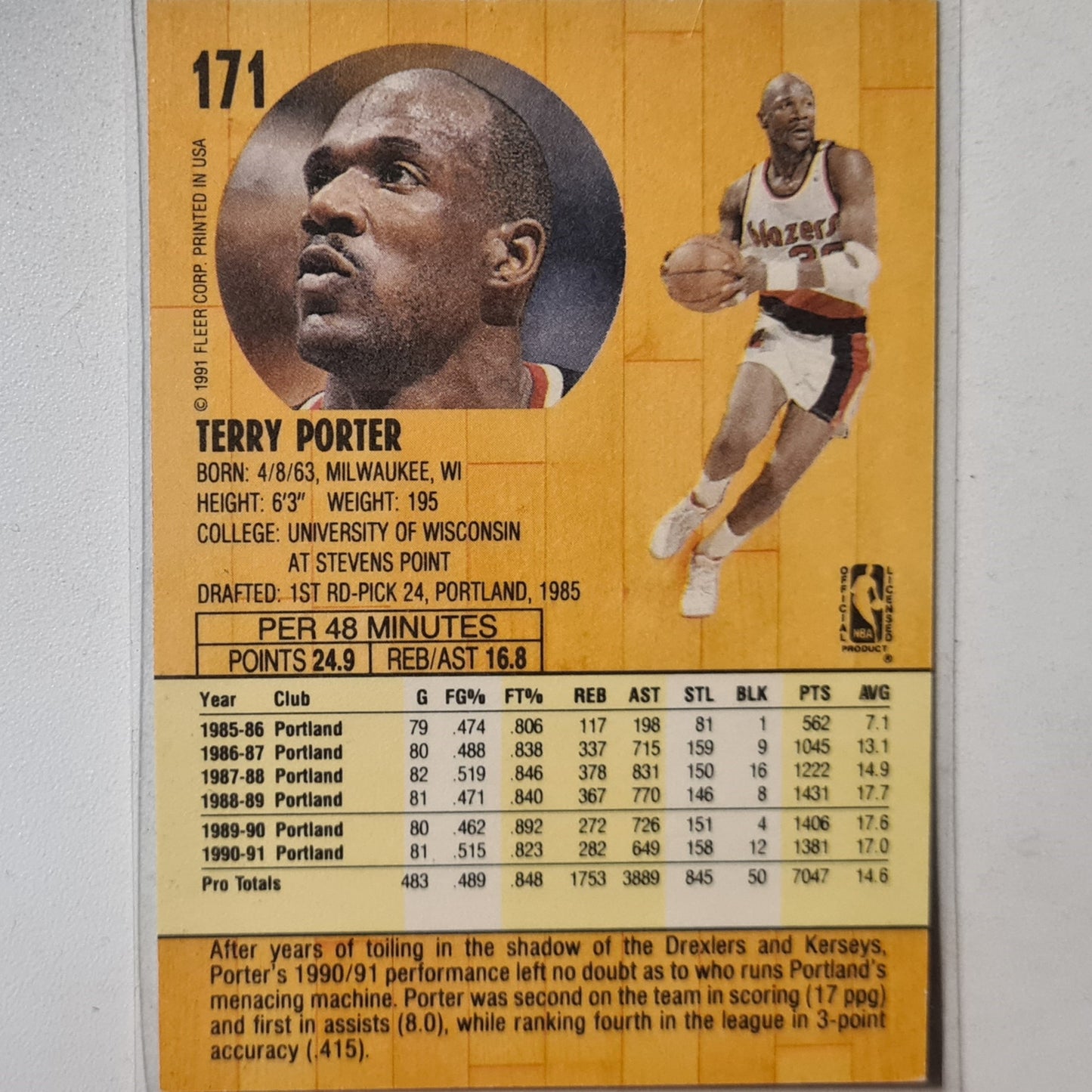 Terry Porter 1991 Fleer 91 #171 NBA Basketball Portland Trail Blazers Excellent sleeved