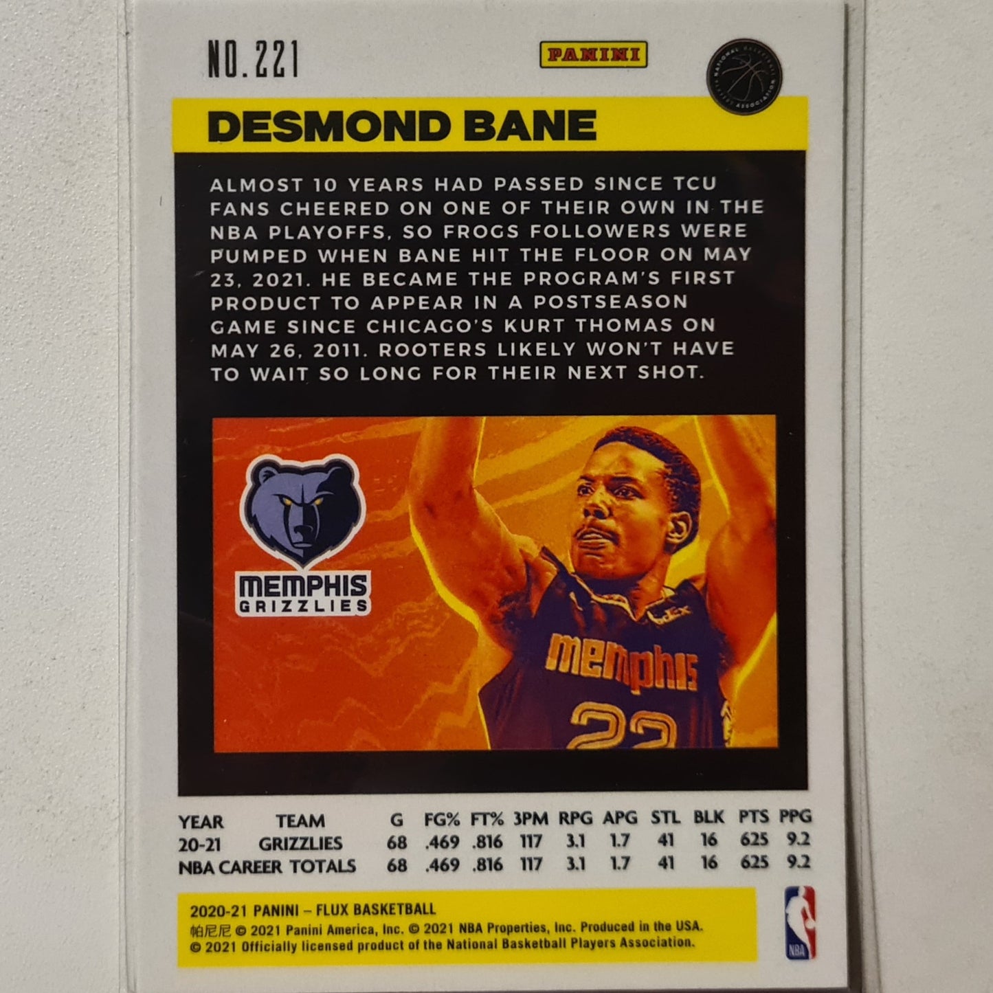 Desmond Bane 2020-21 Panini Flux Rookie RC #221 NBA Basketball Memphis Grizzlies Excellent sleeved