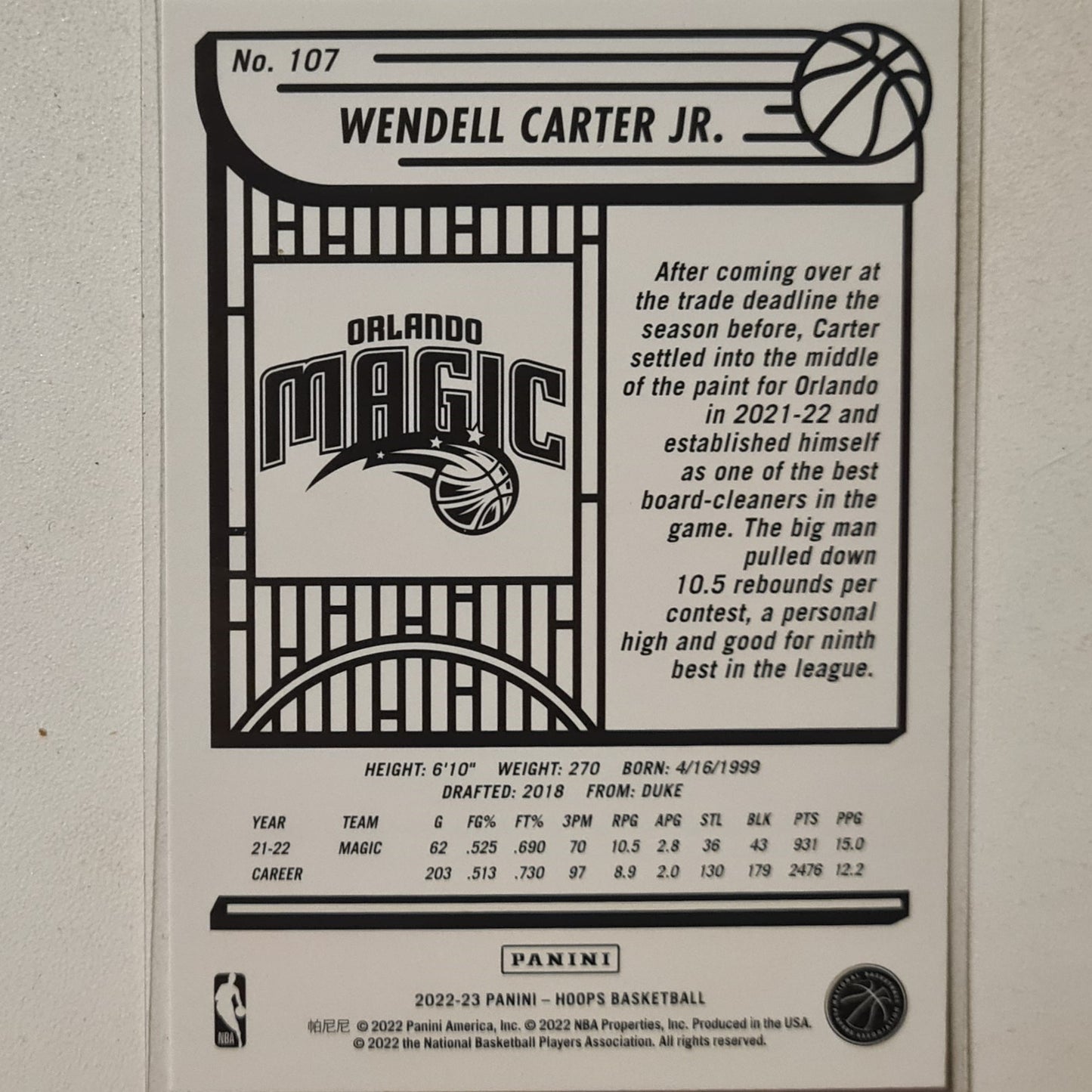 Wendell Carter Jr 2022-23 Panini Hoops #107 NBA Basketball Orlando Magic Mint