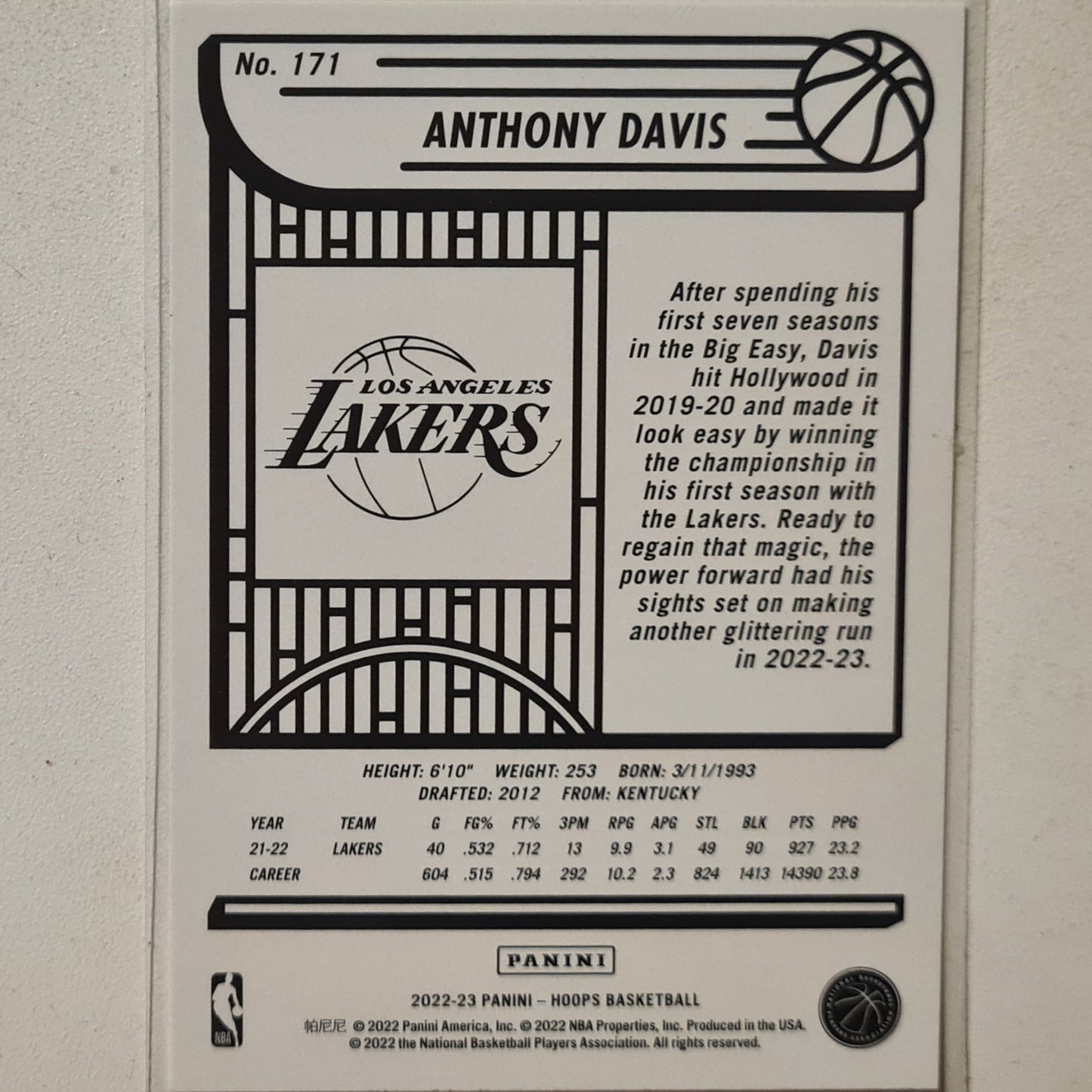 Anthony Davis 2022-23 Panini Hoops #171 NBA Basketball Los Angeles Lakers Mint