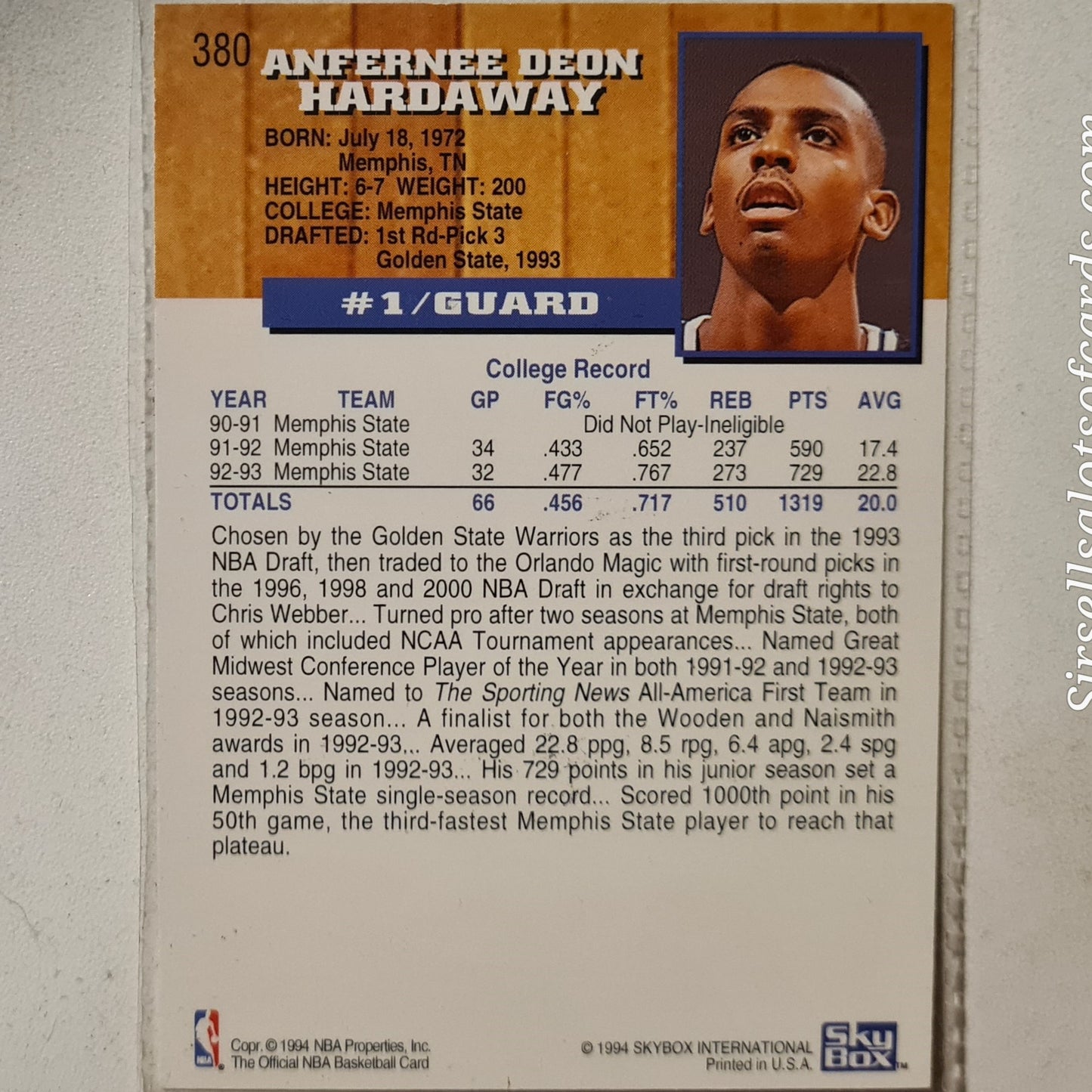 Anfernee Hardaway 1994 Skybox NBA Hoops Rookie RC #380 NBA Basketball Orlando Magic Excellent