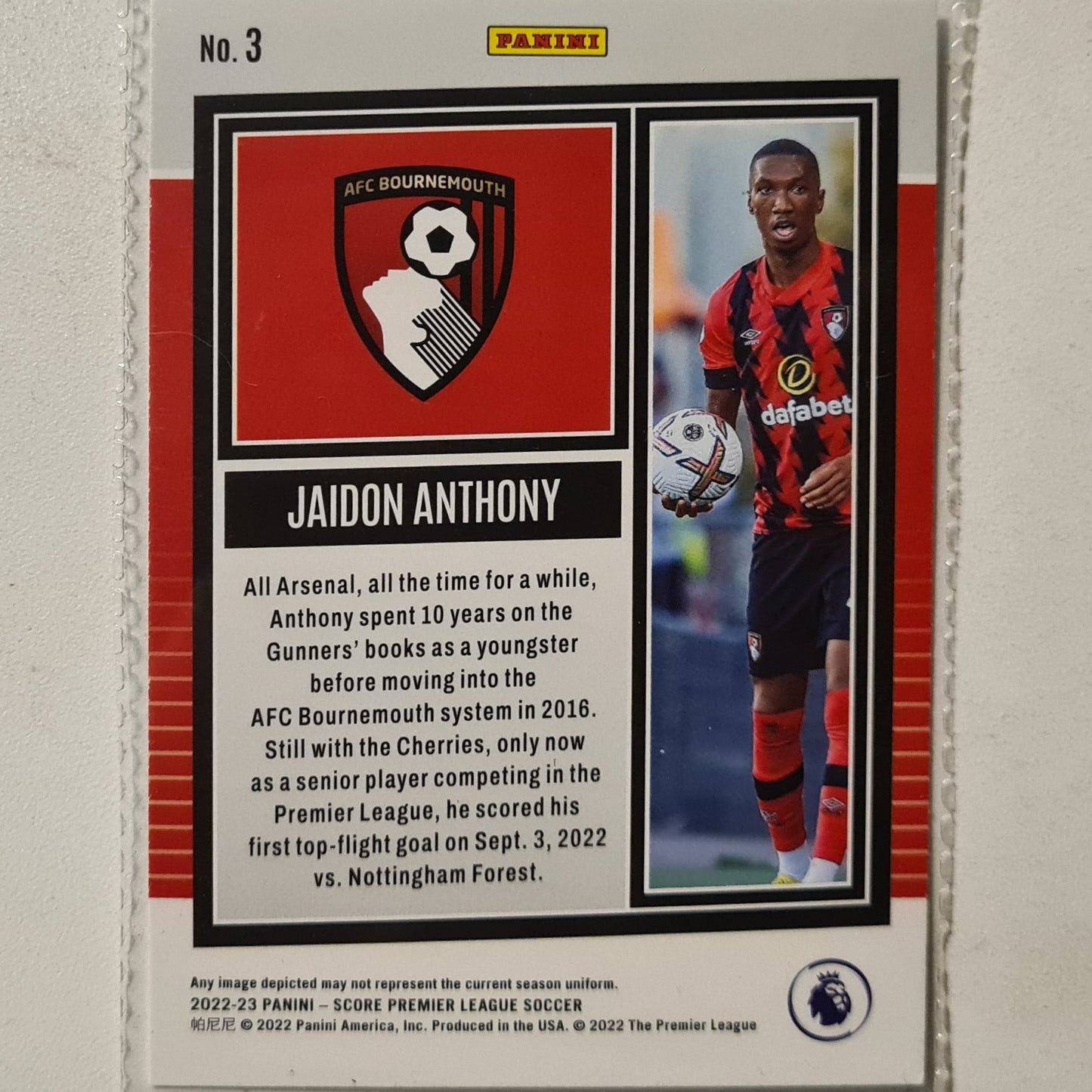 Jaidon Anthony 2022-23 Panini Score Premier League Rookie RC #3 Soccer Football Bournemouth Excellent