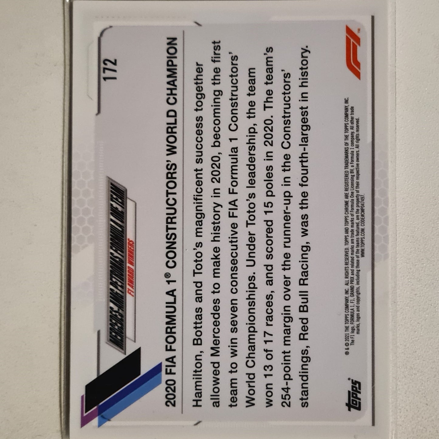 Lewis Hamilton 2021 Topps Chrome award winners Mercedes #172 F1 Formula one Mercedes AMG F1 Team Excellent/mint sleeved