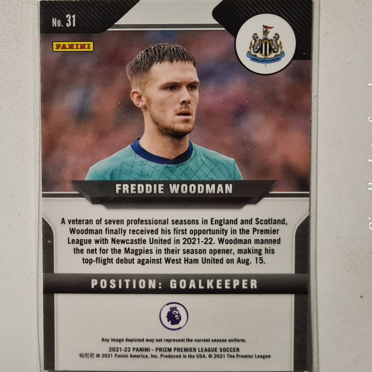 Freddie Woodman 2021-22 Panini Prizm premier league Rookie RC  #31 Soccer Football Newcastle United Excellent/mint sleeved