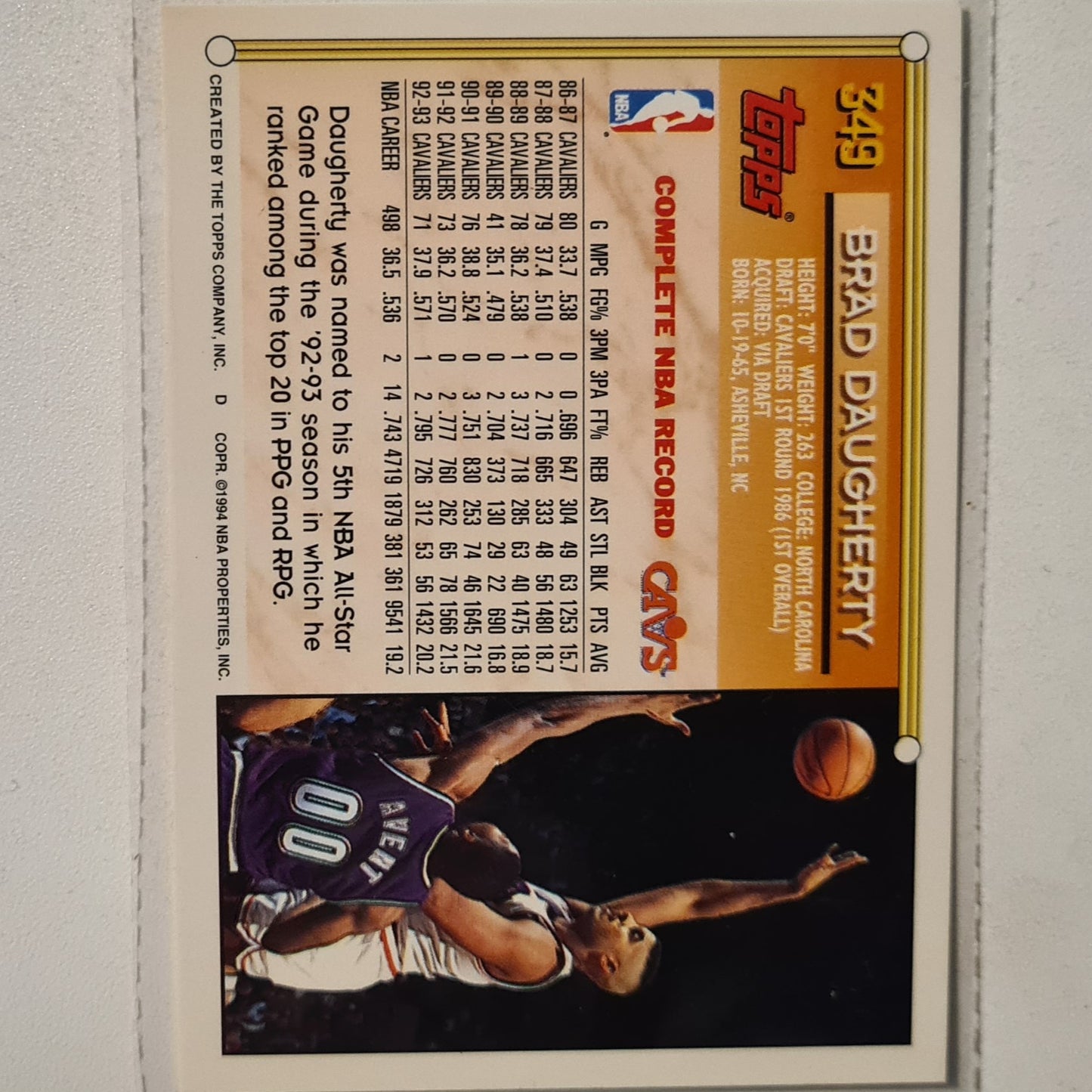 Brad Daugherty 1994 Topps  #349 NBA Basketball Cleveland Cavaliers Excellent sleeved