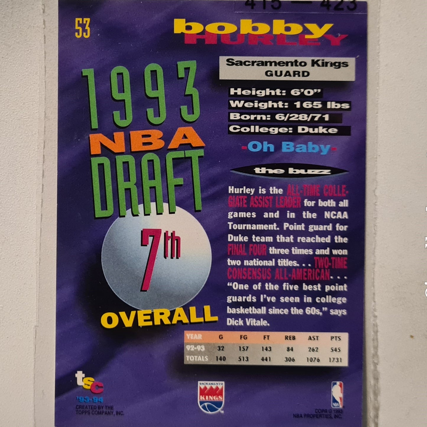 Bobby Hurley 1993 Topps Stadium Club Draft pick Rookie RC #53 NBA Basketball Sacramento Kings Excellent sleeved