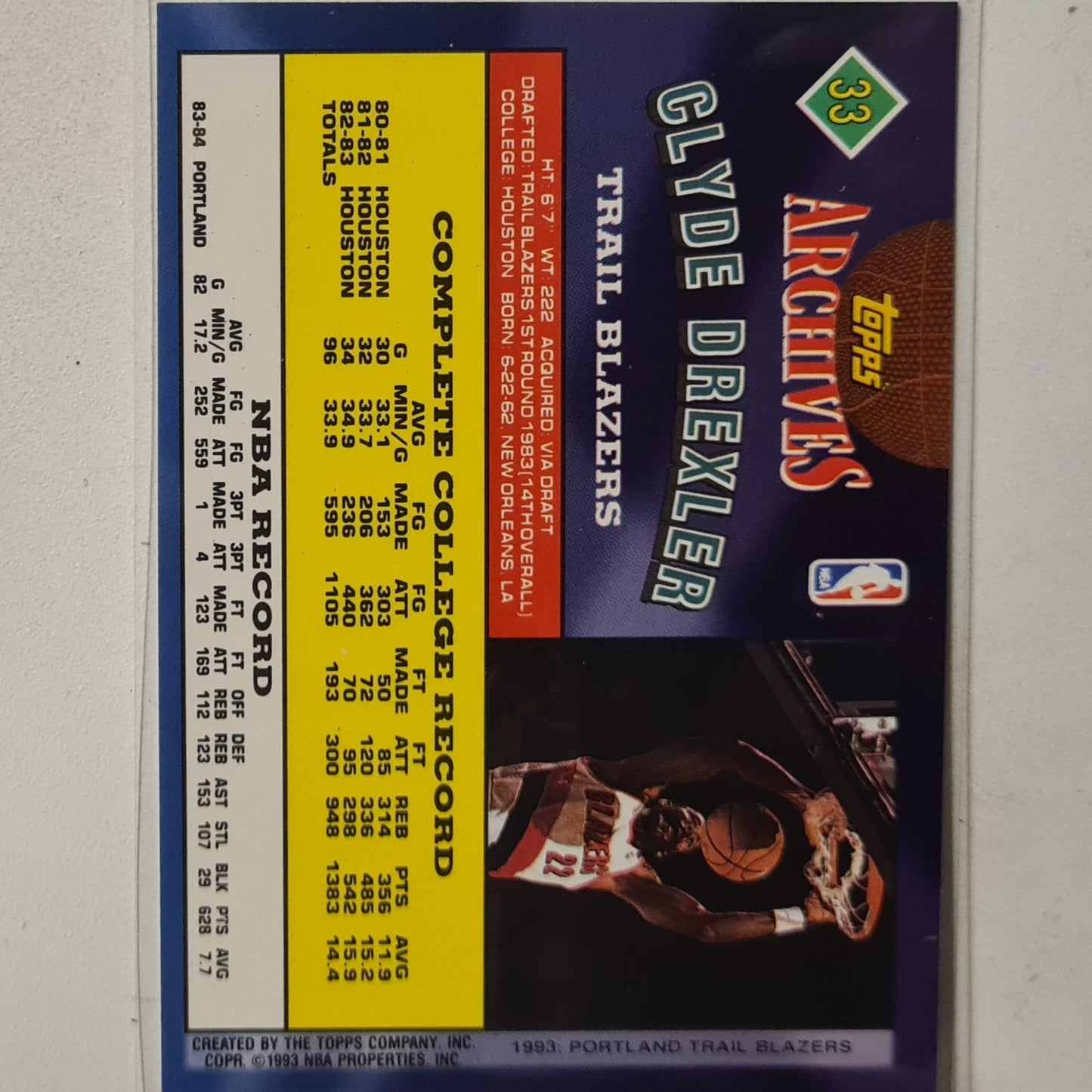 Clyde Drexler 1993 Topps Rookie Archives Gold variant RC #33 Portland Trail Blazers Excellent Sleeved