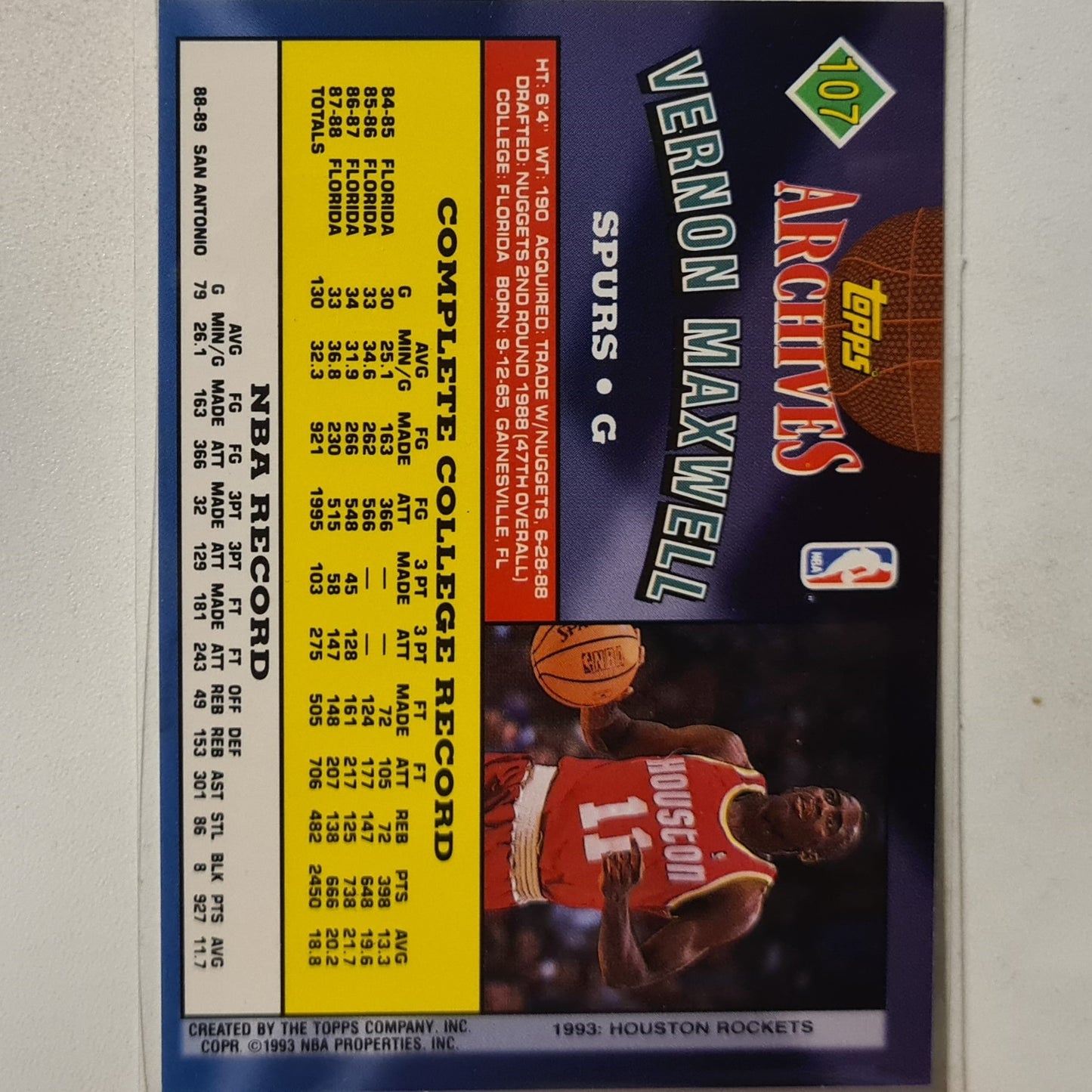 Vernon Maxwell 1993 Topps Rookie Archives Gold variant RC #107 San Antonio Spurs Excellent Sleeved