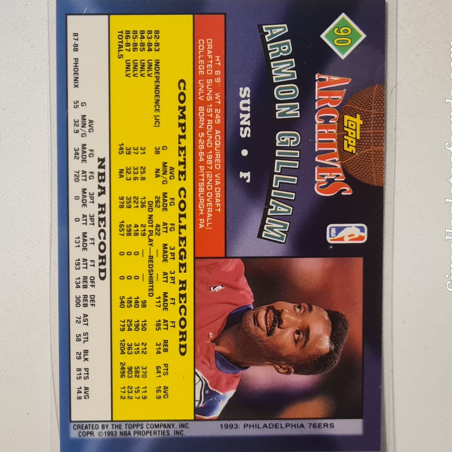 Armon Gilliam 1993 Topps Rookie Archives Gold variant RC #90 NBA Basketball Phoenix Suns Excellent Sleeved