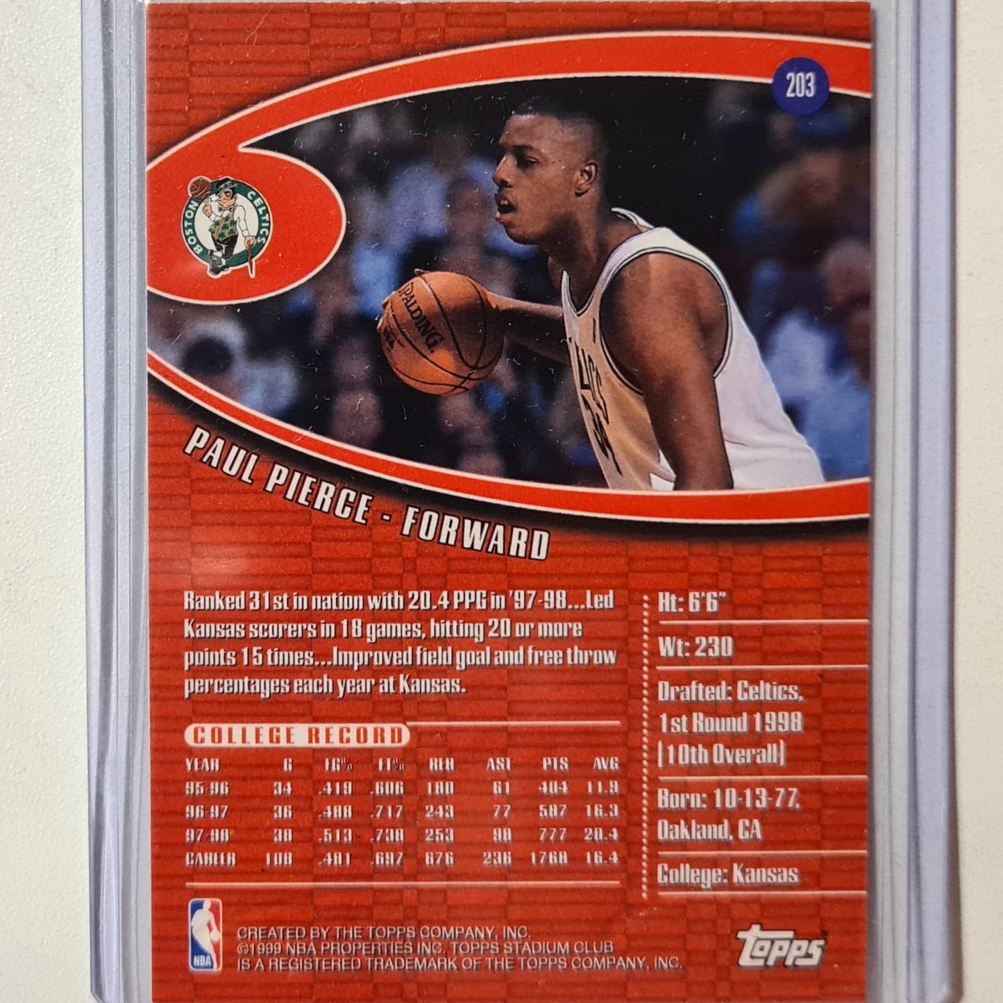 Paul Pierce 1999 Topps Stadium Club  Rookie RC #203 NBA Basketball Boston Celtics excellent +