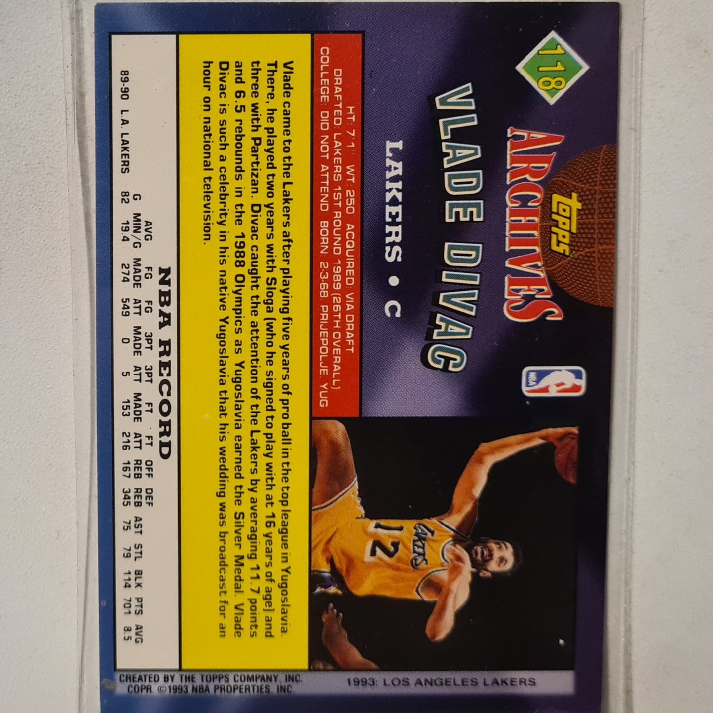 Vlade Divac 1993 Topps Rookie Archives Gold variant #118 LA Lakers Excellent Sleeved