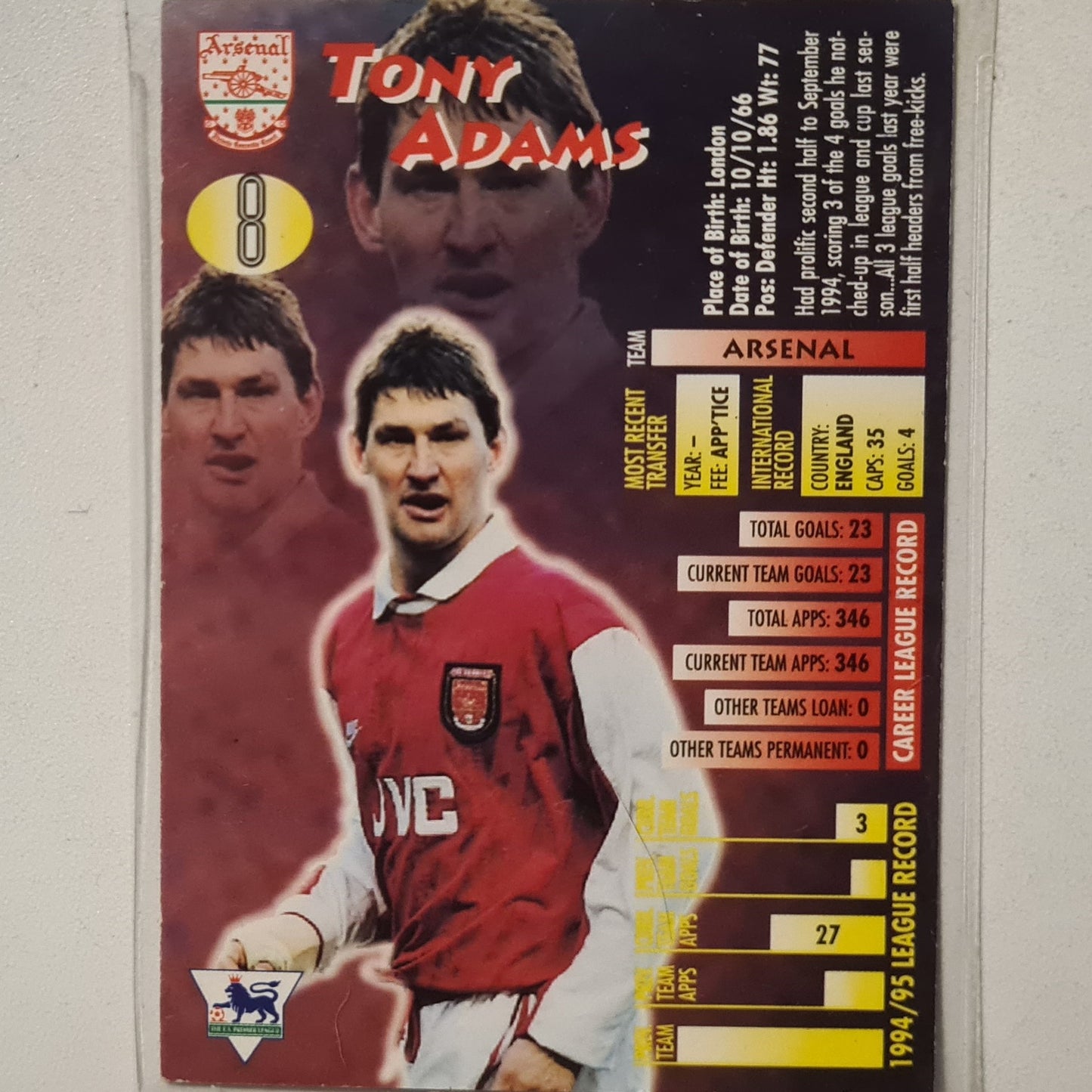 Tony Adams 1995-96 Merlin Ultimate #8 Soccer Football Arsenal very good Sleeved