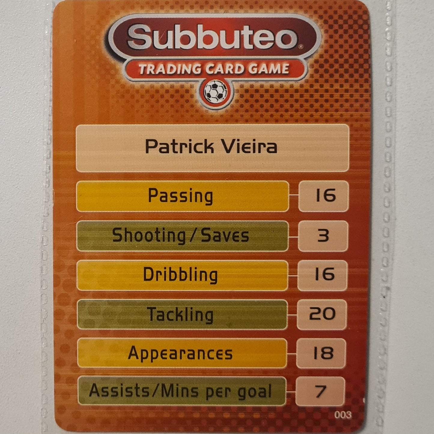 Patrick Viera 2002-03 Subbuteo Wizards hologram card #003  Soccer Football Arsenal Excellent Sleeved