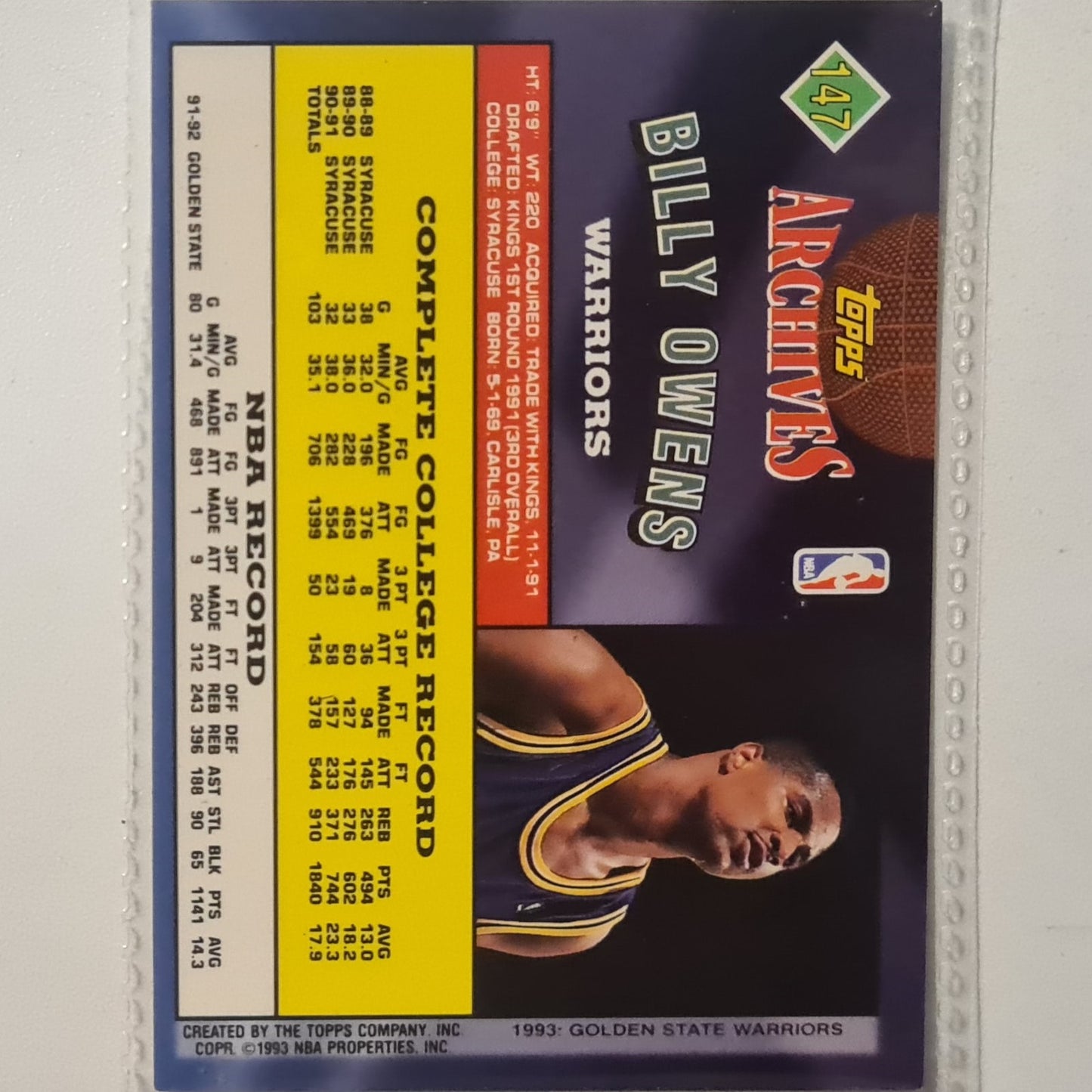 Billy Owens 1993 Topps Rookie Archives Gold variant #147 Golden State Warriors Excellent Sleeved