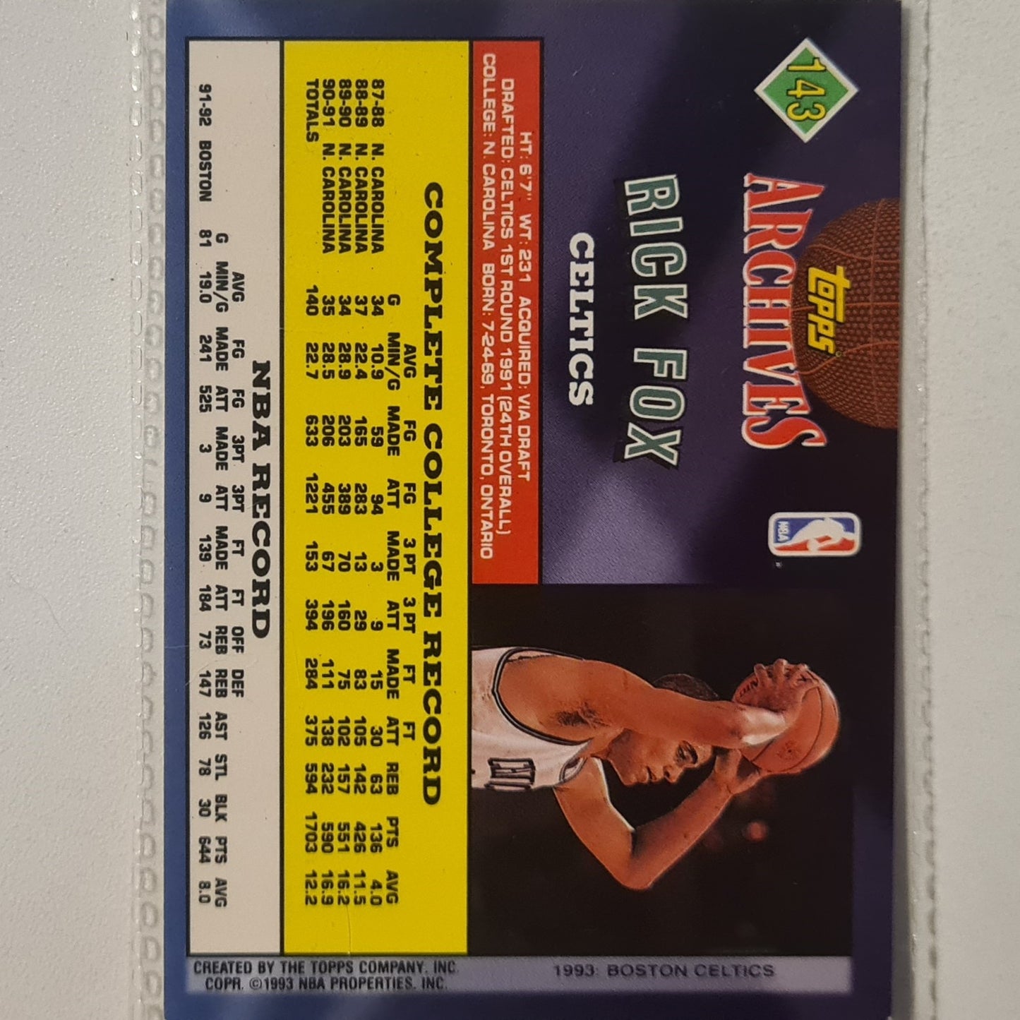 Rick Fox 1993 Topps Rookie Archives Gold variant #143 Boston Celtics Excellent Sleeved