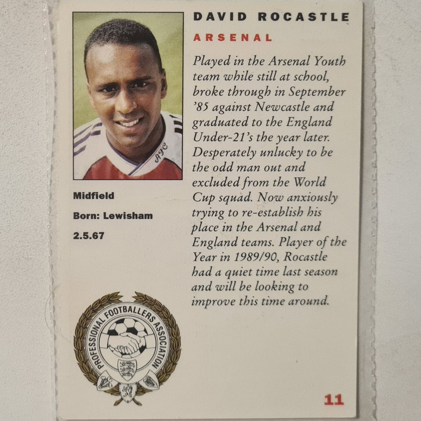 David Rocastle 1992 Panini 92  #11 Football soccer Arsenal very good Sleeved