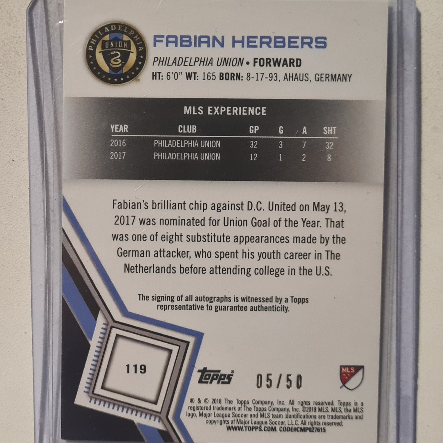 Fabien Herbers 2018 Topps major league soccer MLS Auto 05/50 #119 Soccer football Philadelphia Union excellent sleeved