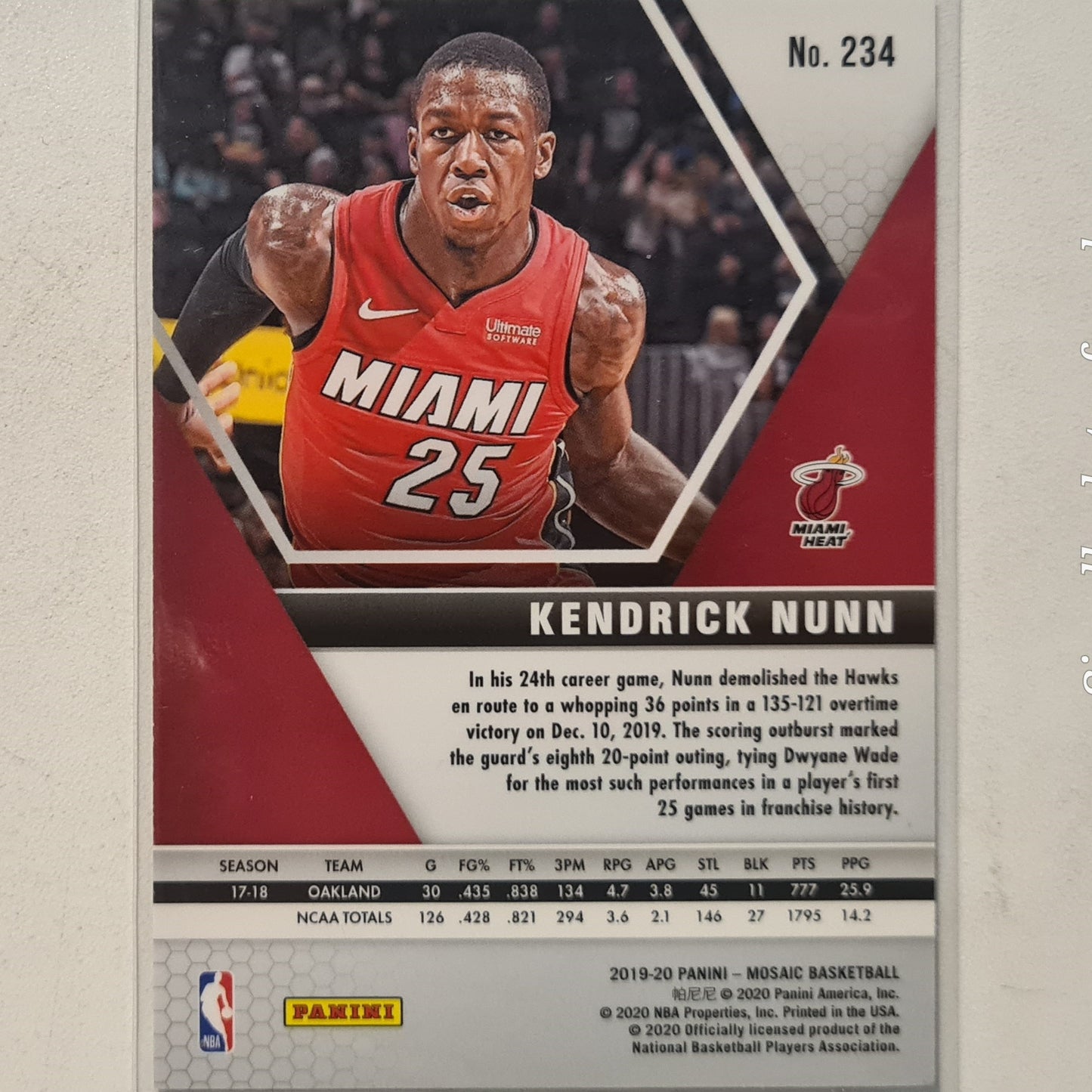 Kendrick Nunn 2019-20 Panini mosaic rookie RC #234 NBA Basketball Miami Heat excellent/mint Sleeved