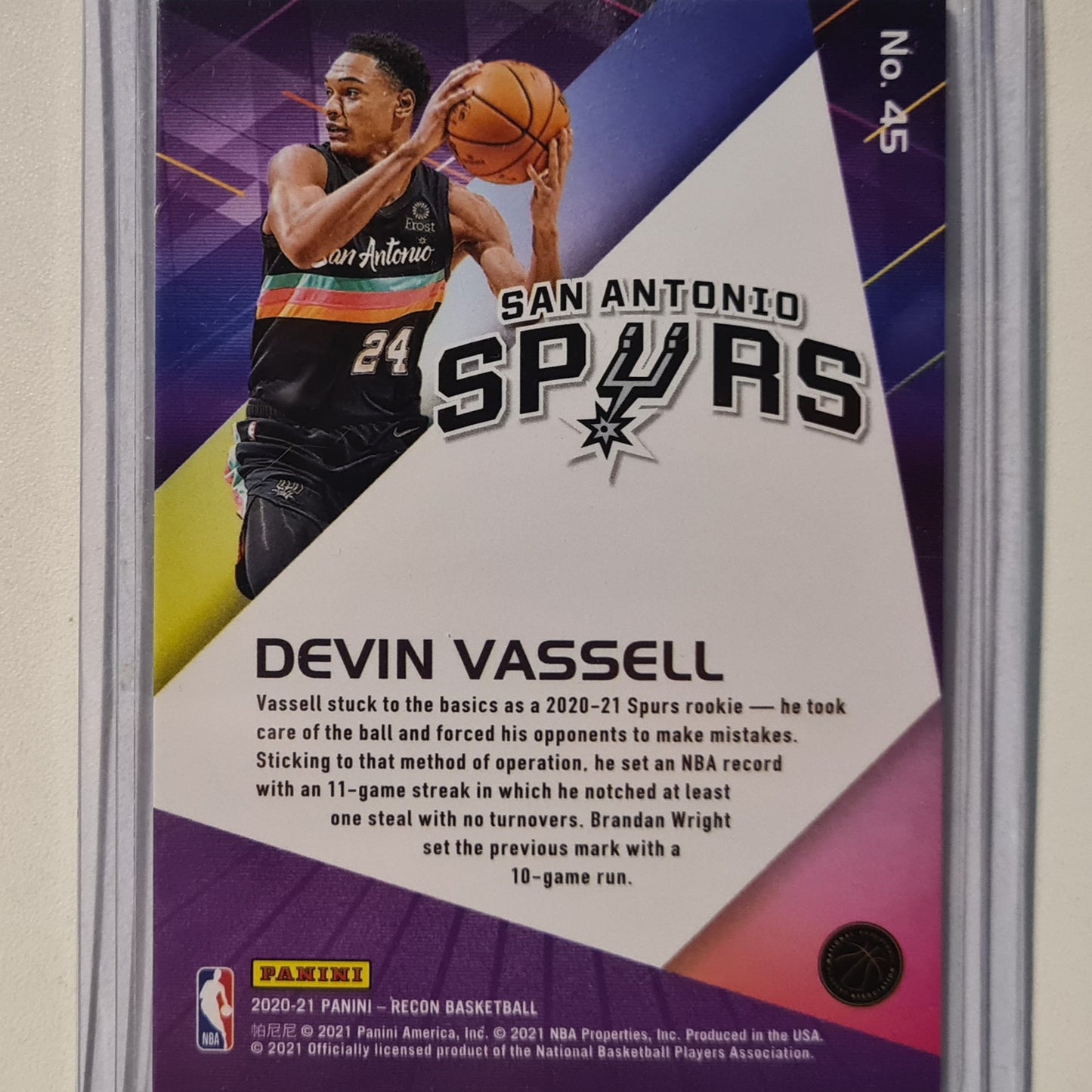 Devin Vassell 2020-21 Panini Recon rookie RC #45 NBA Basketball San Antonio Spurs excellent/mint Sleeved