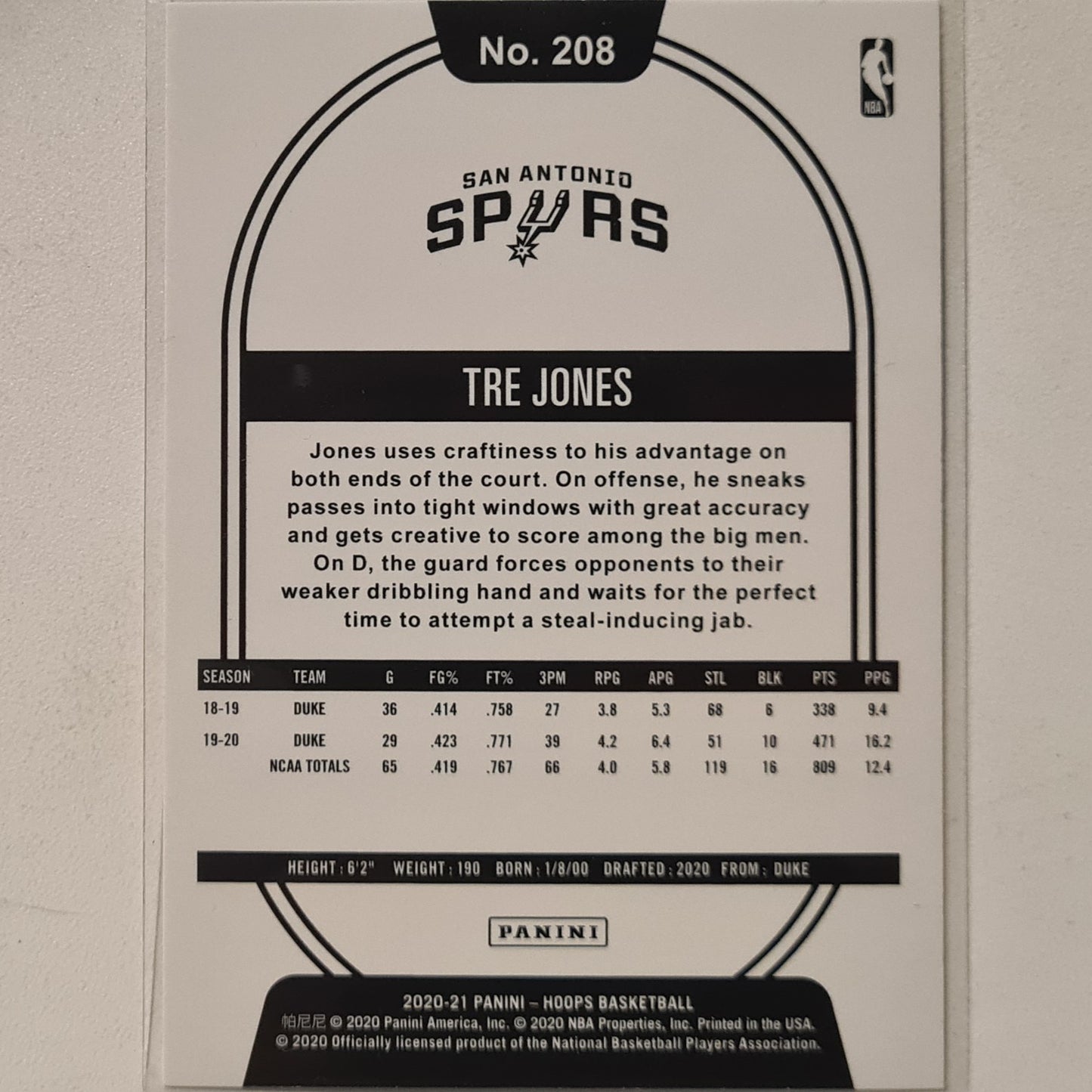 Tre Jones 2020-21 Panini NBA Hoops rookie RC #208 NBA Basketball San Antonio Spurs excellent/mint Sleeved