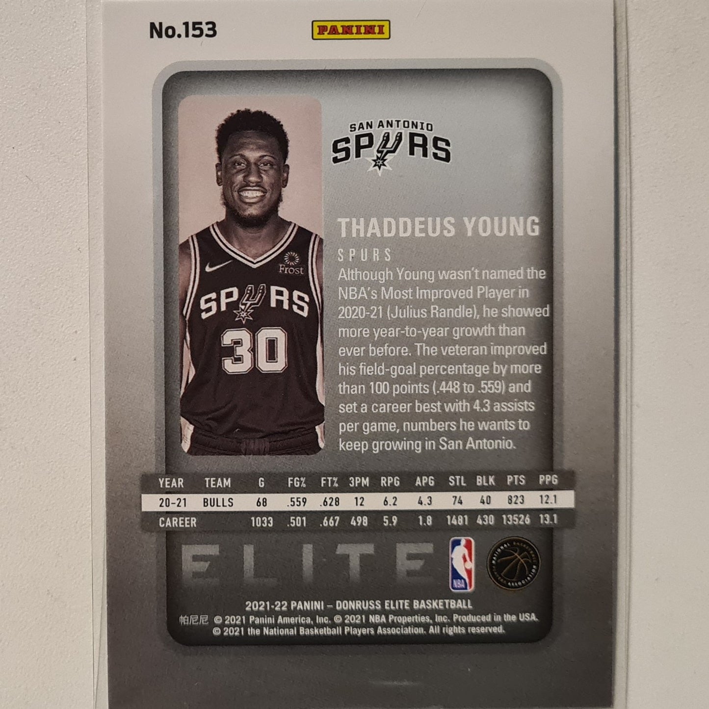 Thaddeus Young 2021-22 Panini Donruss Elite #153 NBA Basketball San Antonio Spurs Excellent/Mint sleeved