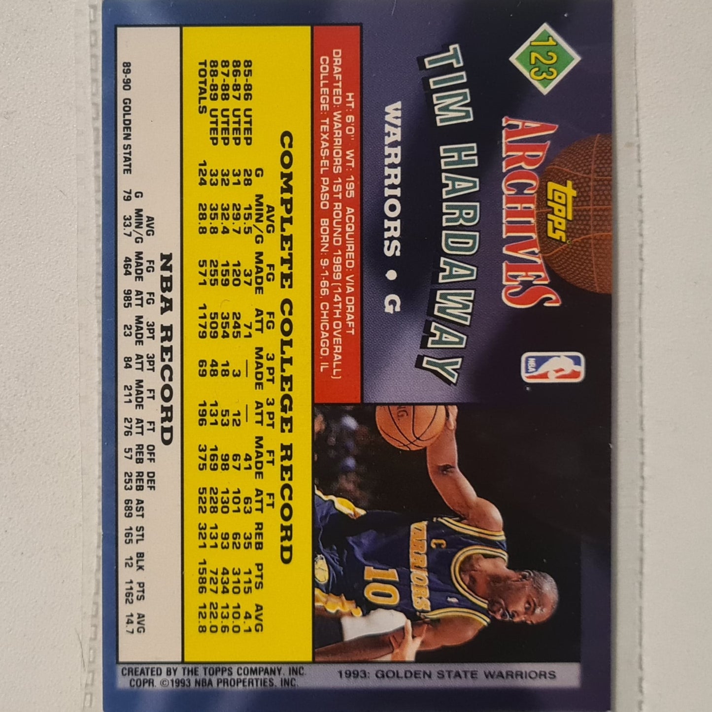 Tim Hardaway 1993 Topps Rookie Archives Gold variant #123 Golden State Warriors Excellent Sleeved