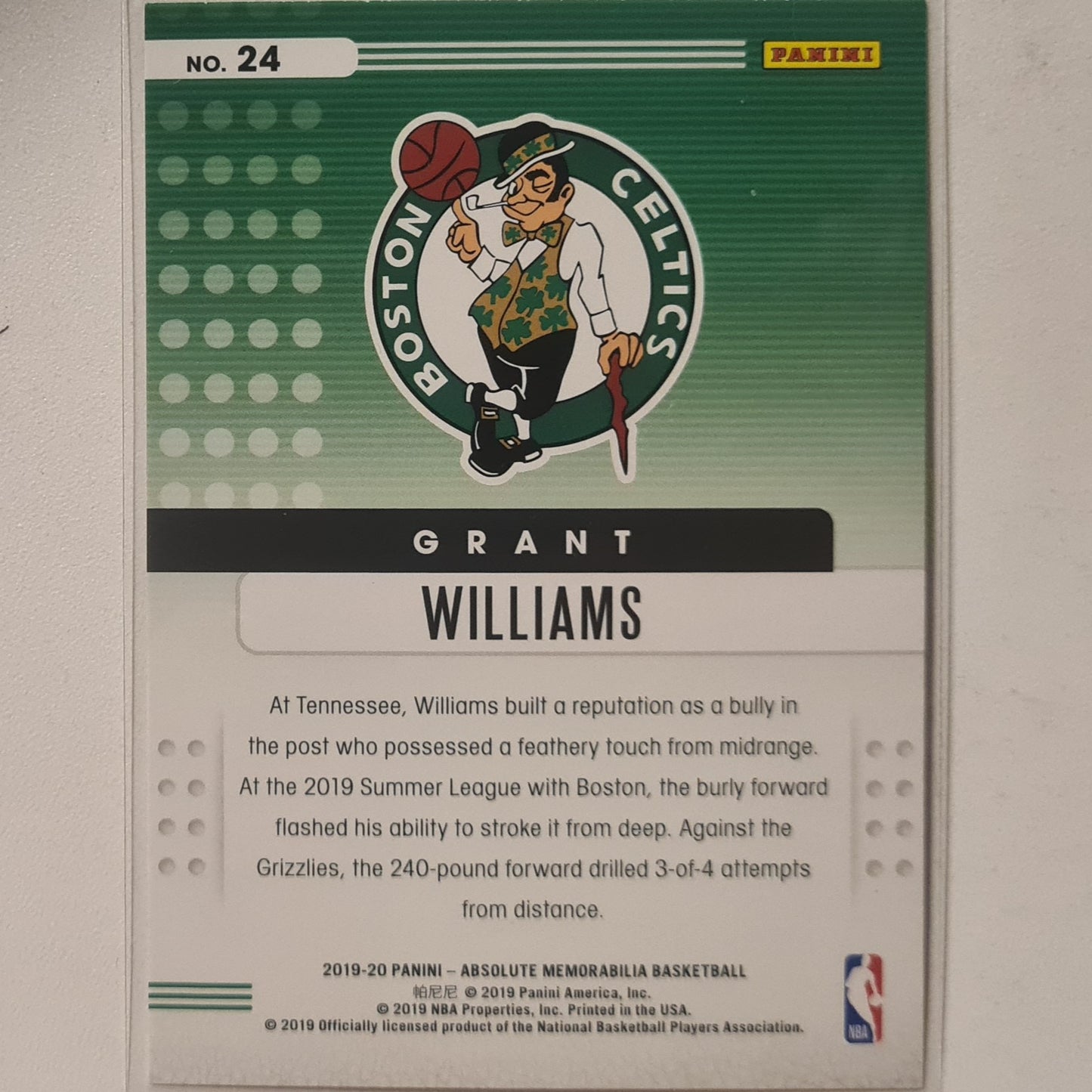 Grant Williams 2019-20 Panini Absolute Memorabilia Rookie RC #24 NBA Basketball Boston Celtics Excellent Sleeved