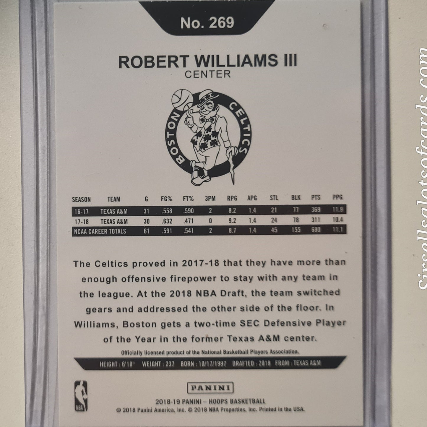 Robert Williams III 2018-19 Panini Hoops RC rookie #269 NBA Basketball Boston Celtics Excellent Sleeved