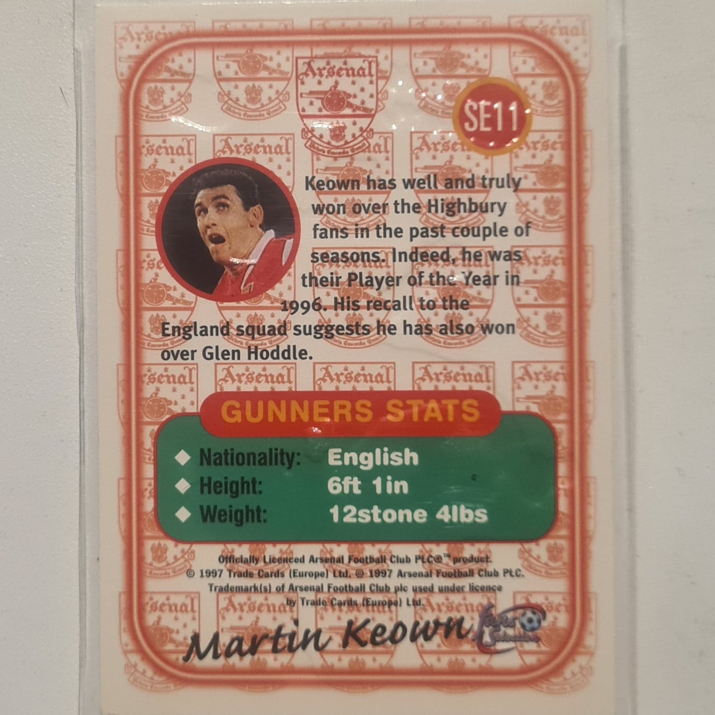 Martin Keown 1997 Futera Fans Selection embossed insert SE11  Soccer Football Arsenal Excellent sleeved