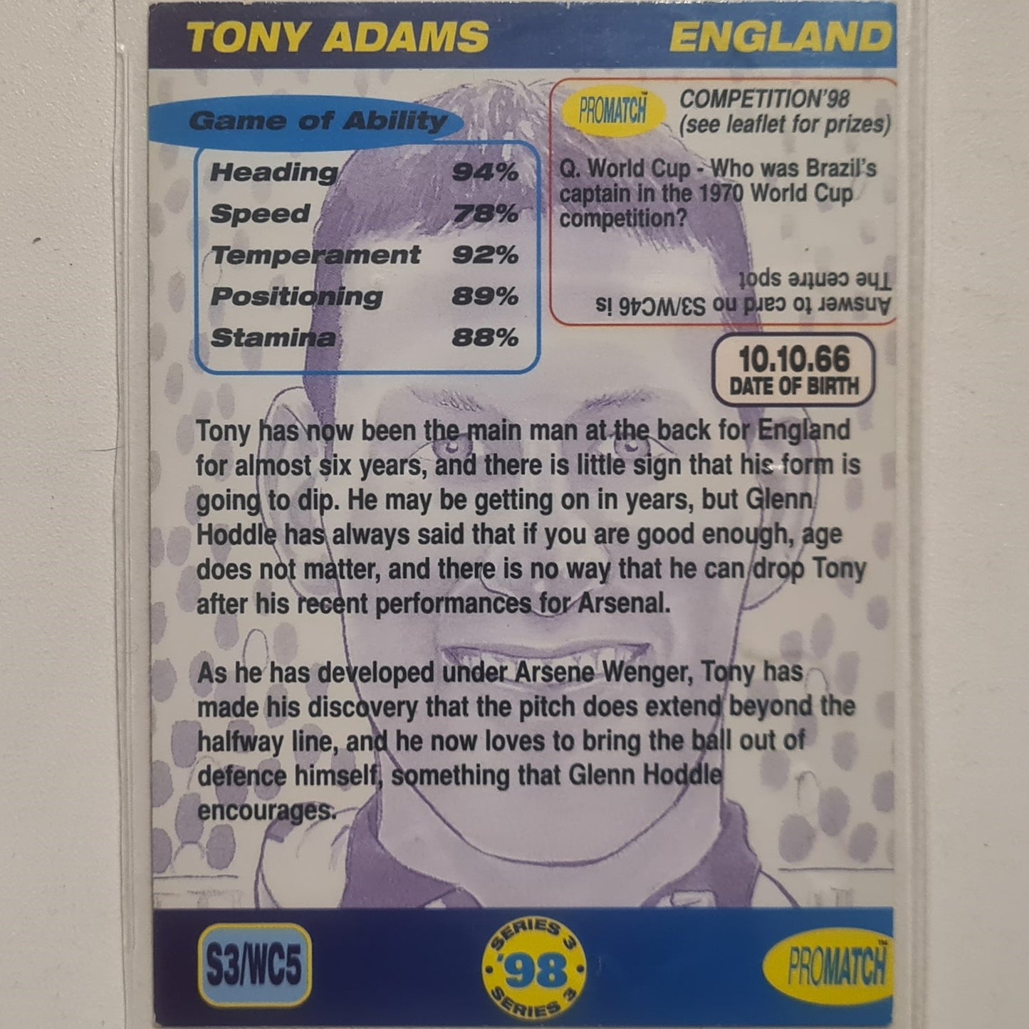 Tony Adams 1998 Promatch series 3 98 #S3/WC5  Soccer Football Arsenal Very good sleeved