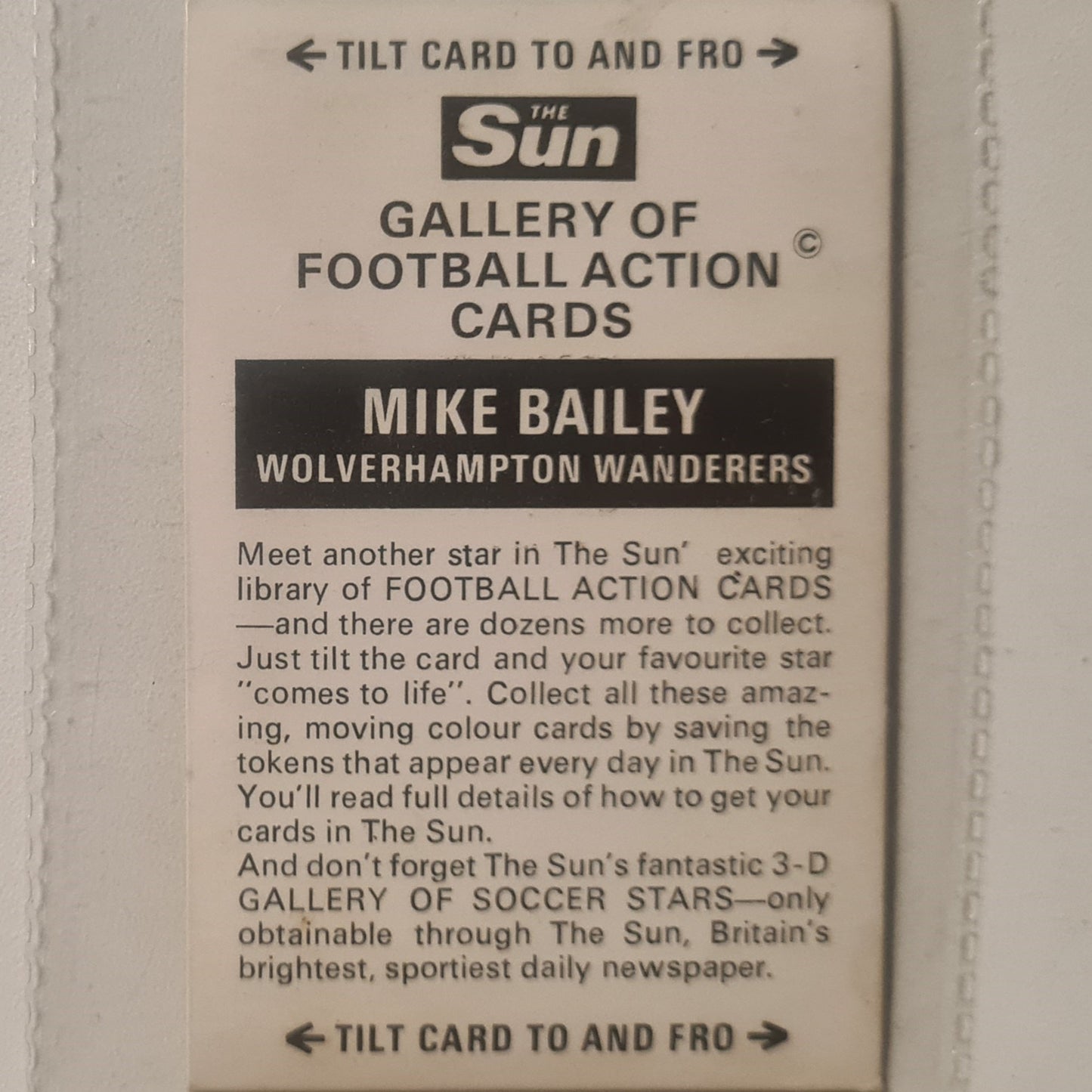 Mike Bailey 1972 the Sun Gallery of football 3d lenticular card  soccer football Wolverhampton Wanderers very good