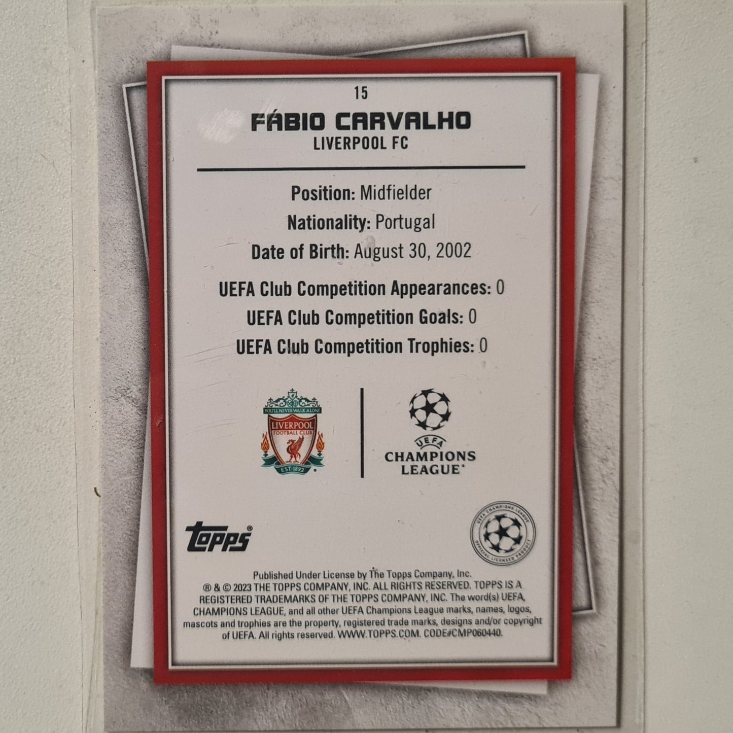 Fabio Carvalho 2023 Topps Soccer Stars yellow Rookie RC #15 Football Soccer Liverpool Excellent sleeved