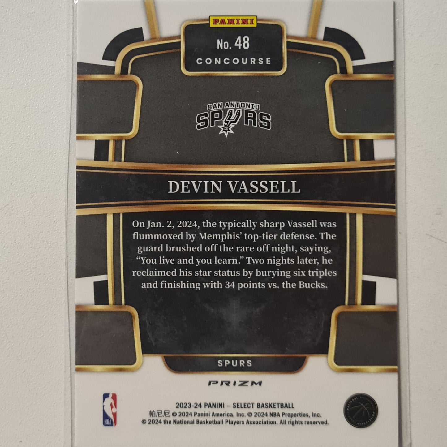 Devin Vassell 2023-24 Panini Select blue Prizm refractor #48 NBA Basketball San Antonio Excellent/mint sleeved