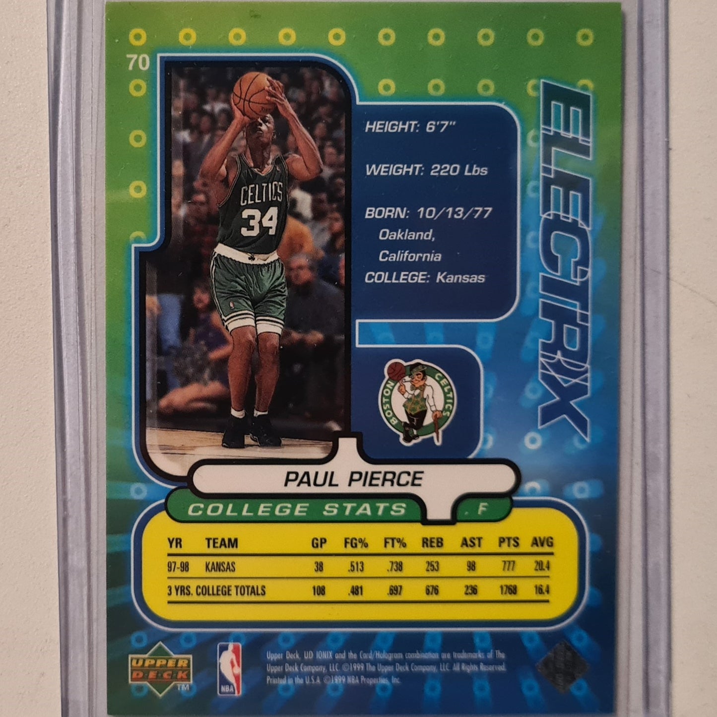 Paul Pierce 1999 Upper-Deck Ionix electrix Rookie RC #70 NBA Basketball Boston Celtics Excellent Sleeved