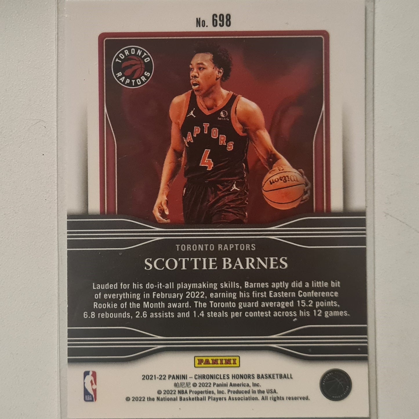 Scottie Barnes 2021-22 Panini Chronicles Honors Rookie RC #698 NBA Basketball Toronto Raptors Excellent Sleeved